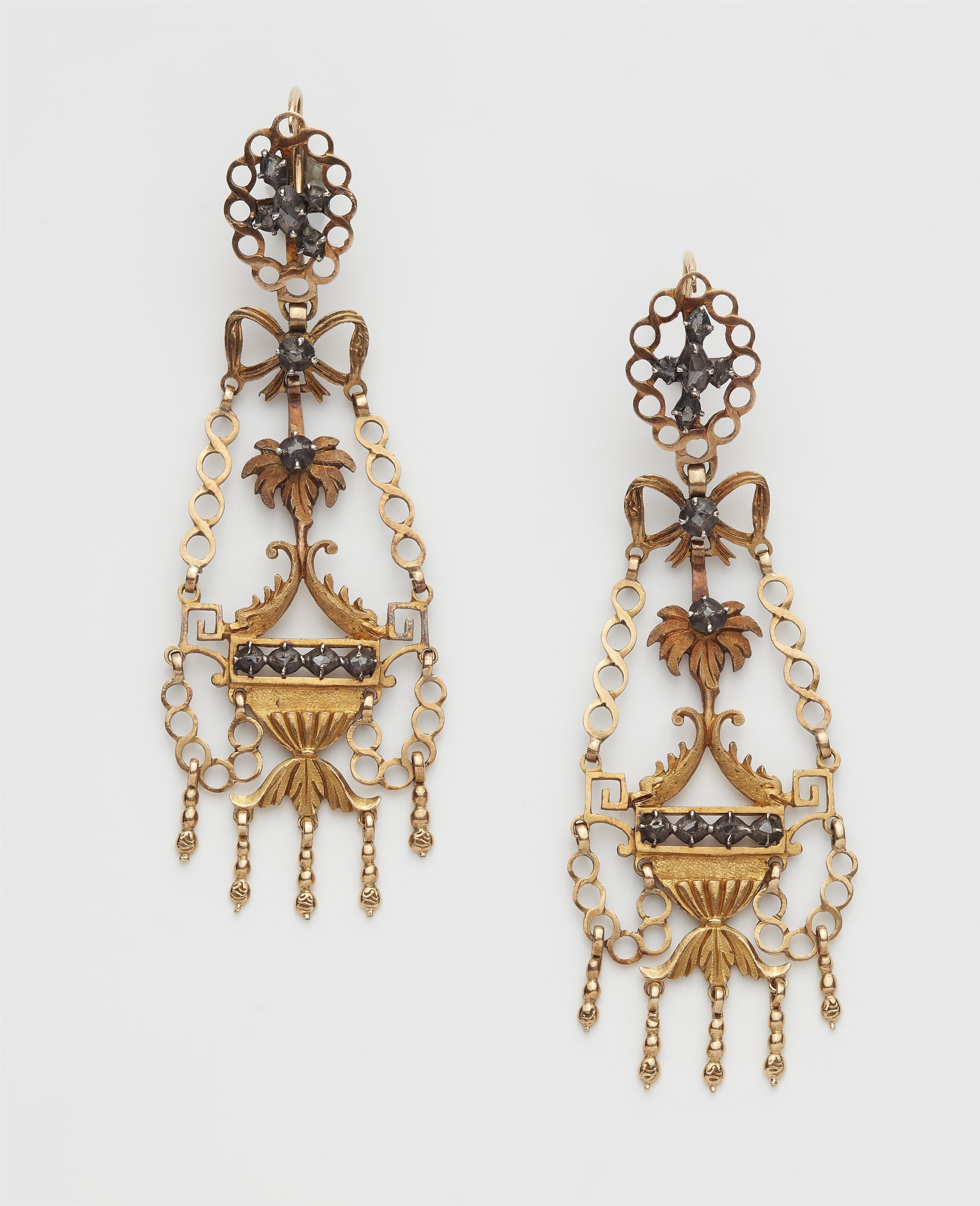 A pair of Neoclassical Sicilian 14k gold silver and diamond multi part vase pendant earrings. - image-1