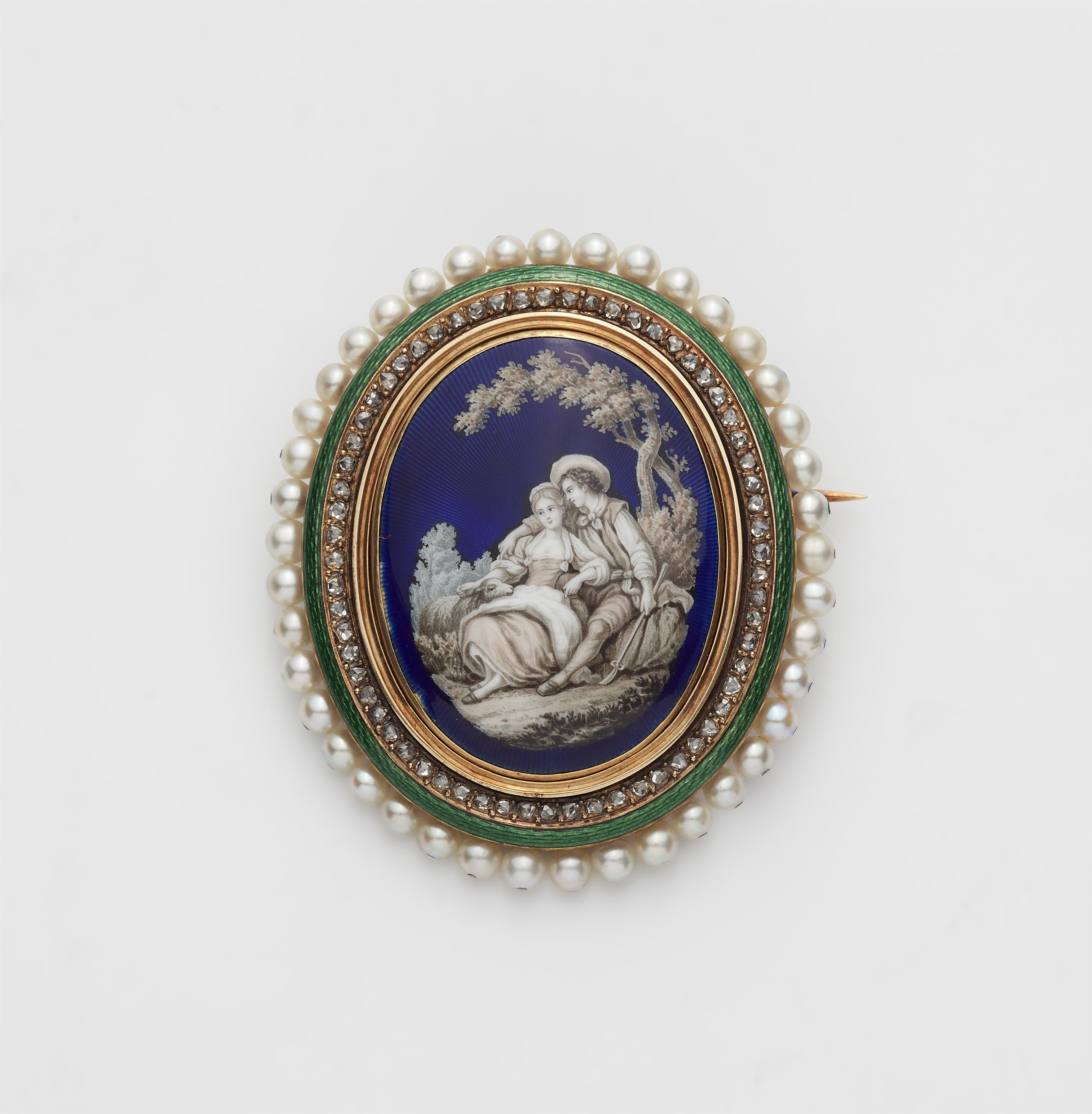 A French Napoléon III 18 kt gold enamel diamond and pearl brooch with a Watteau scene. - image-1