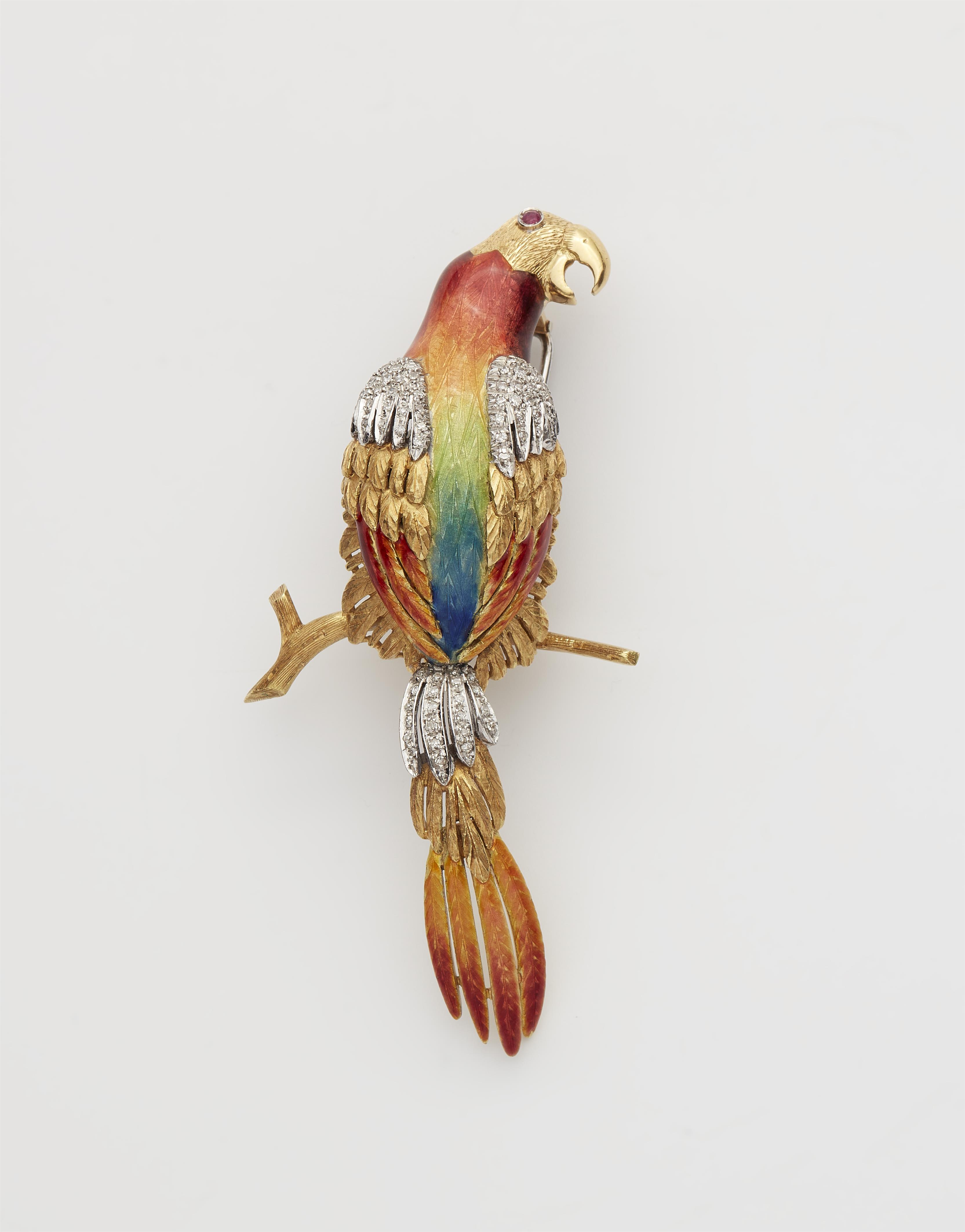 An 18k gold enamel and diamond parrot brooch. - image-1