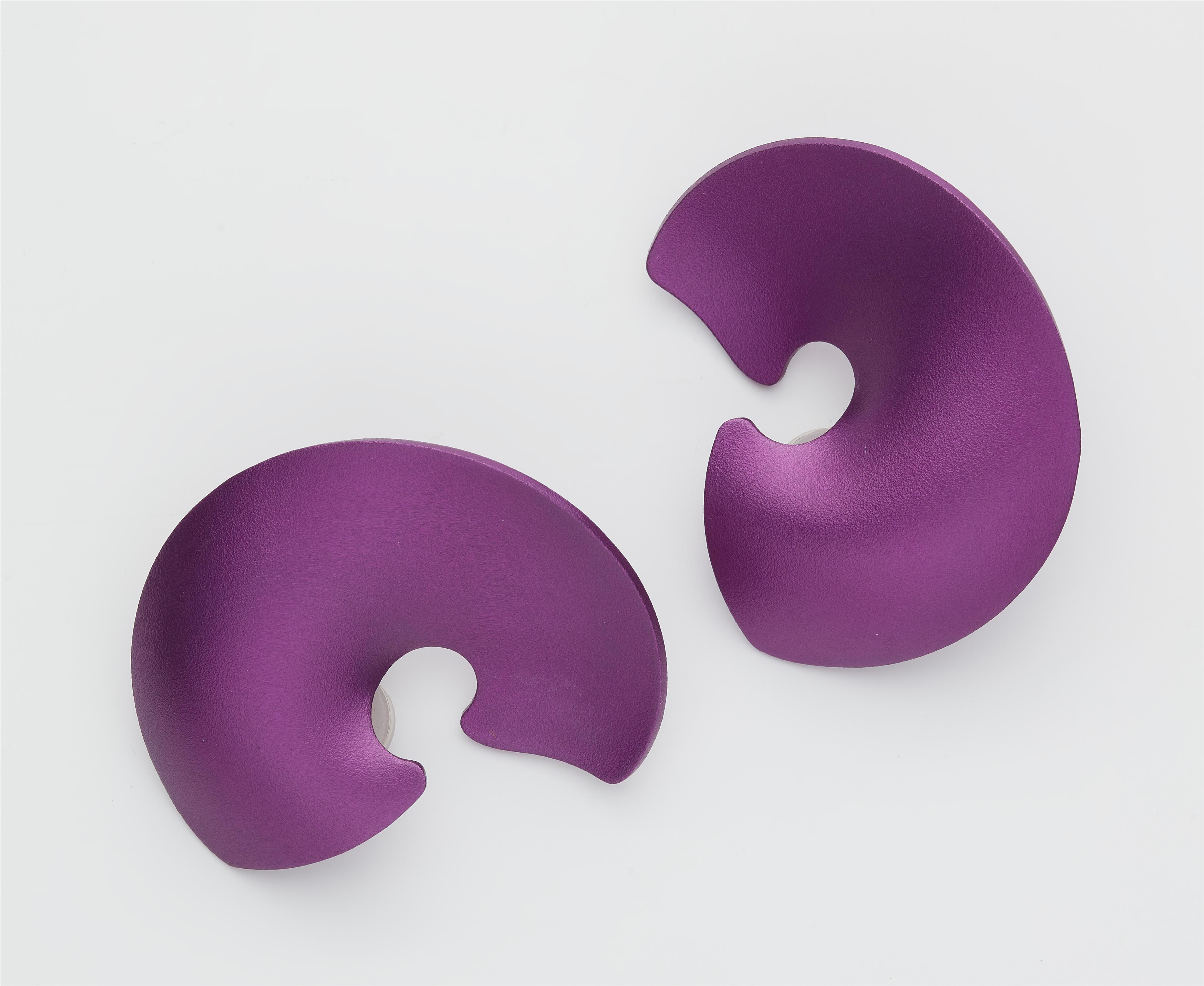 A pair of French sculptural lilac aluminium clip earrings with matte finish. - image-1