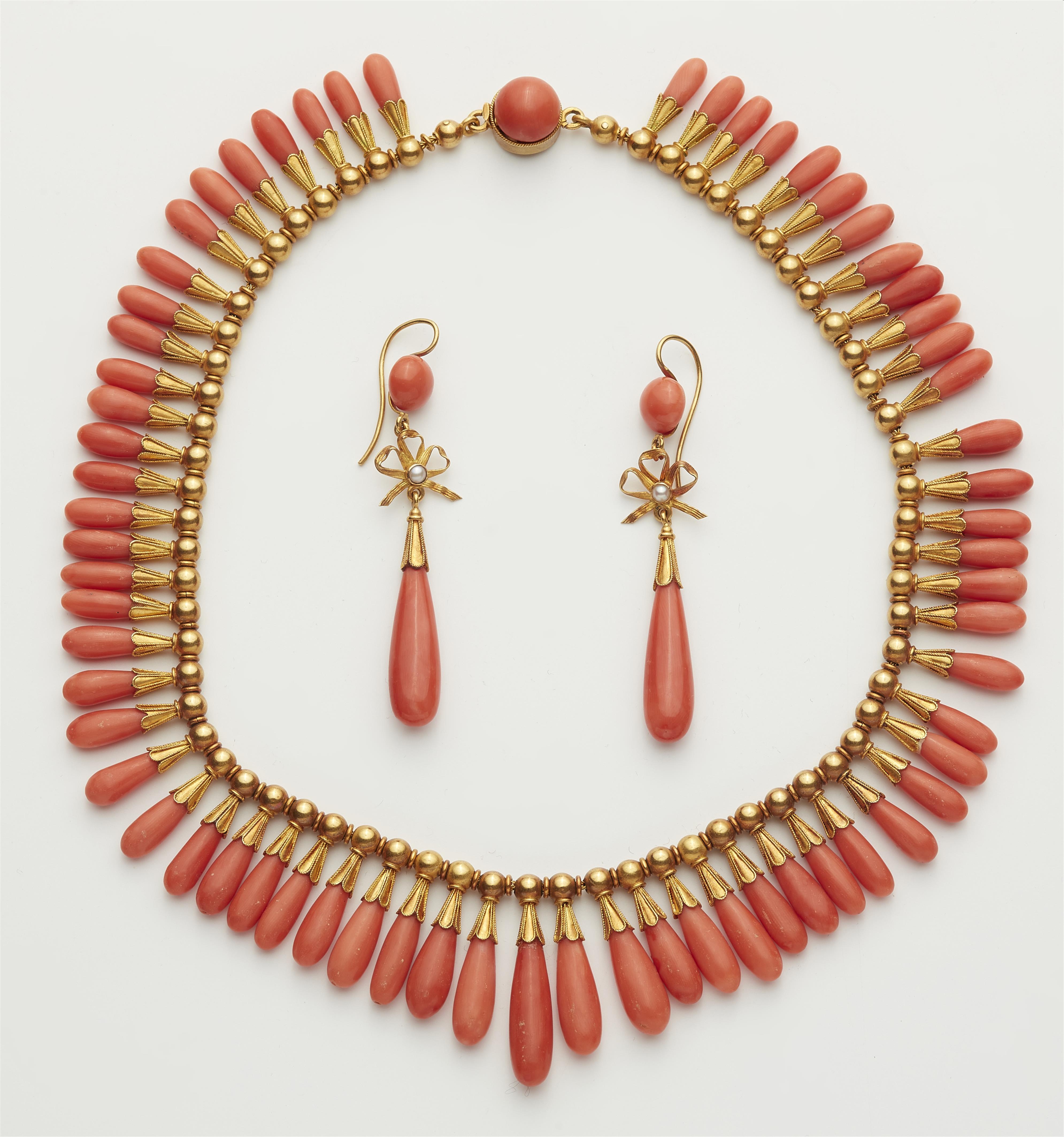 An 18k gold and Sciacca coral Etruscan Revival demi-parure. - image-2