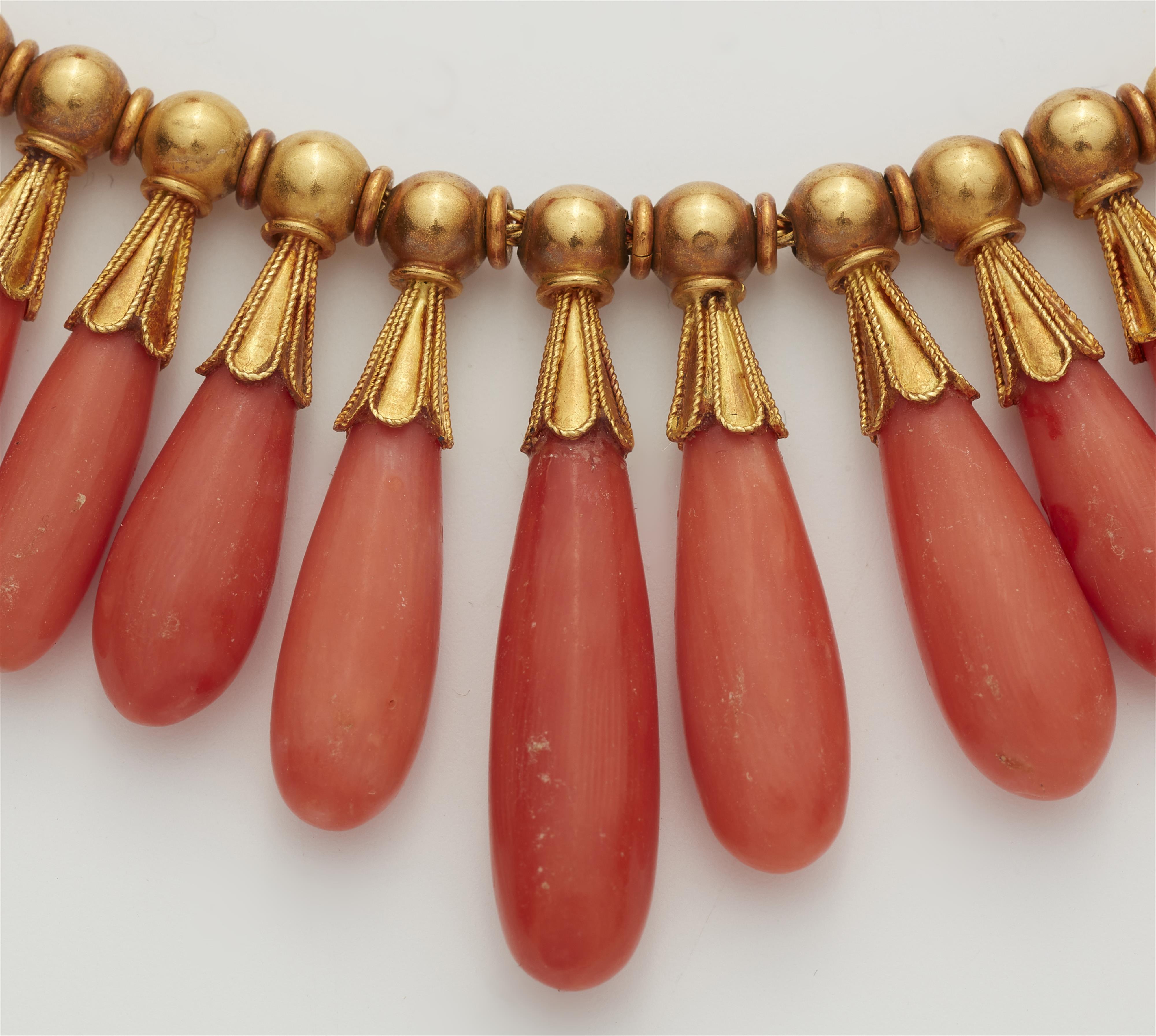 An 18k gold and Sciacca coral Etruscan Revival demi-parure. - image-3