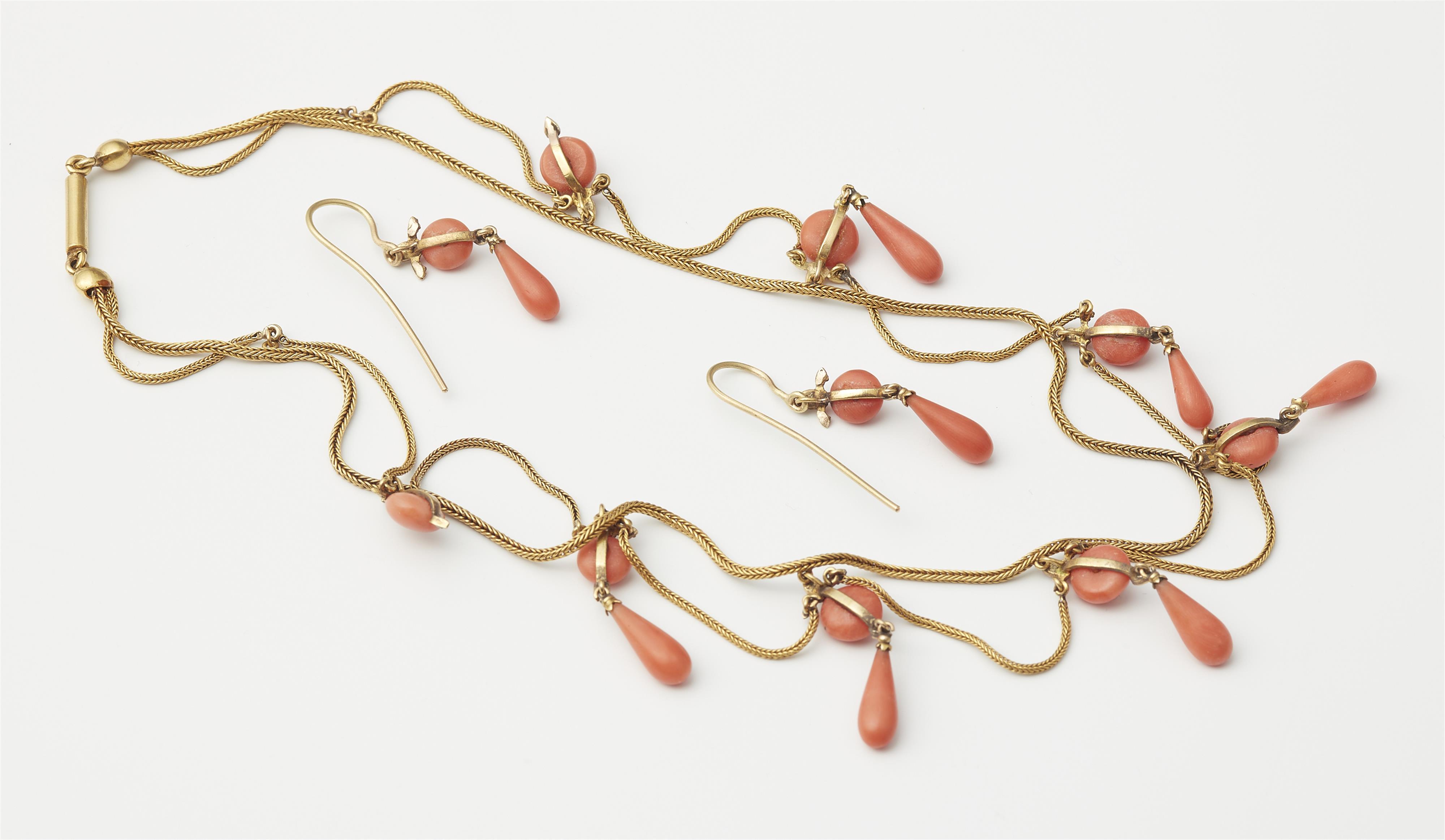 An Austrian 14k gold diamond and coral demiparure comprising a garland necklace and a pair of earrings. - image-2