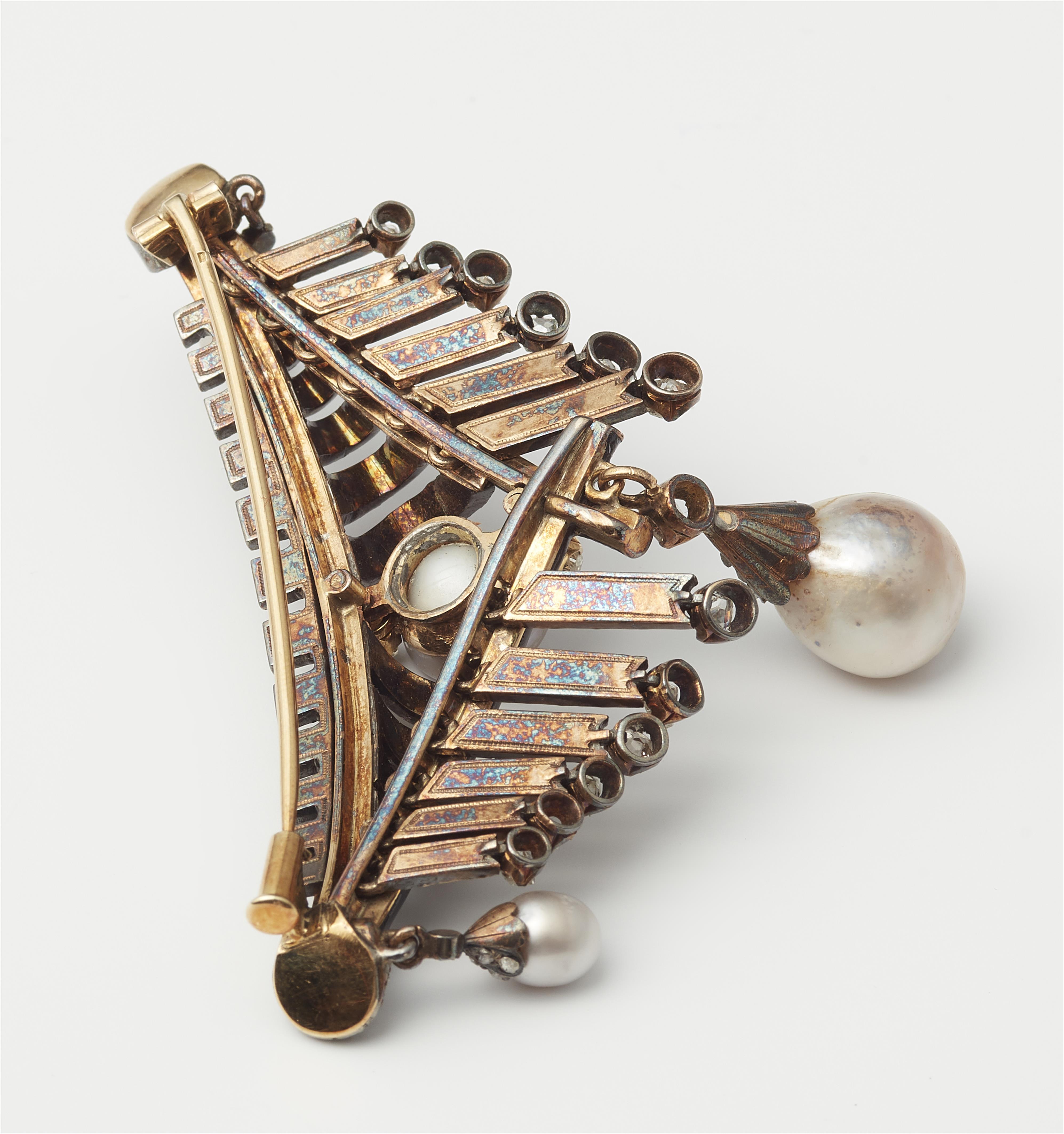 A Victorian 14k gold black enamel diamond and Oriental pearl corsage brooch. - image-2