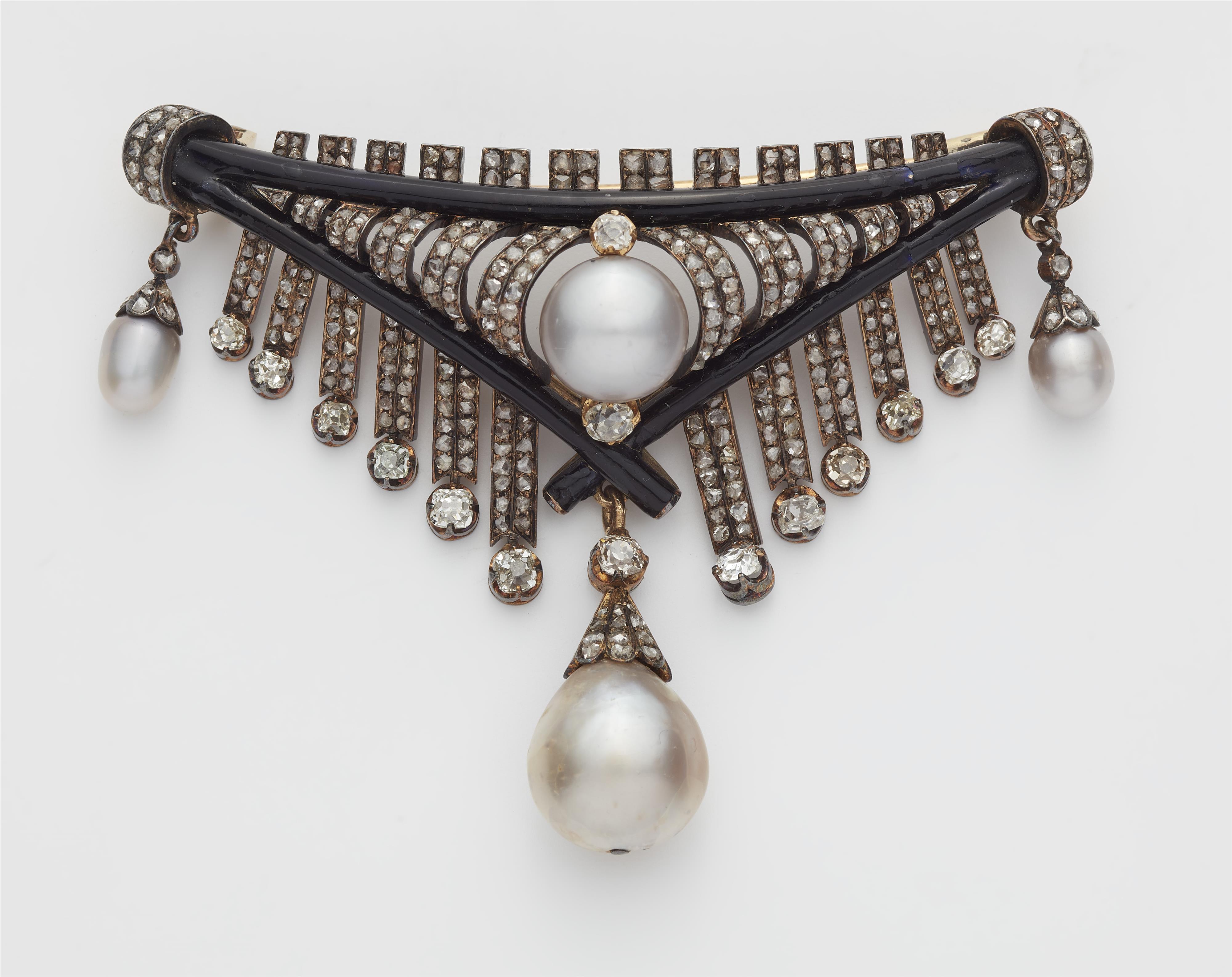 A Victorian 14k gold black enamel diamond and Oriental pearl corsage brooch. - image-1