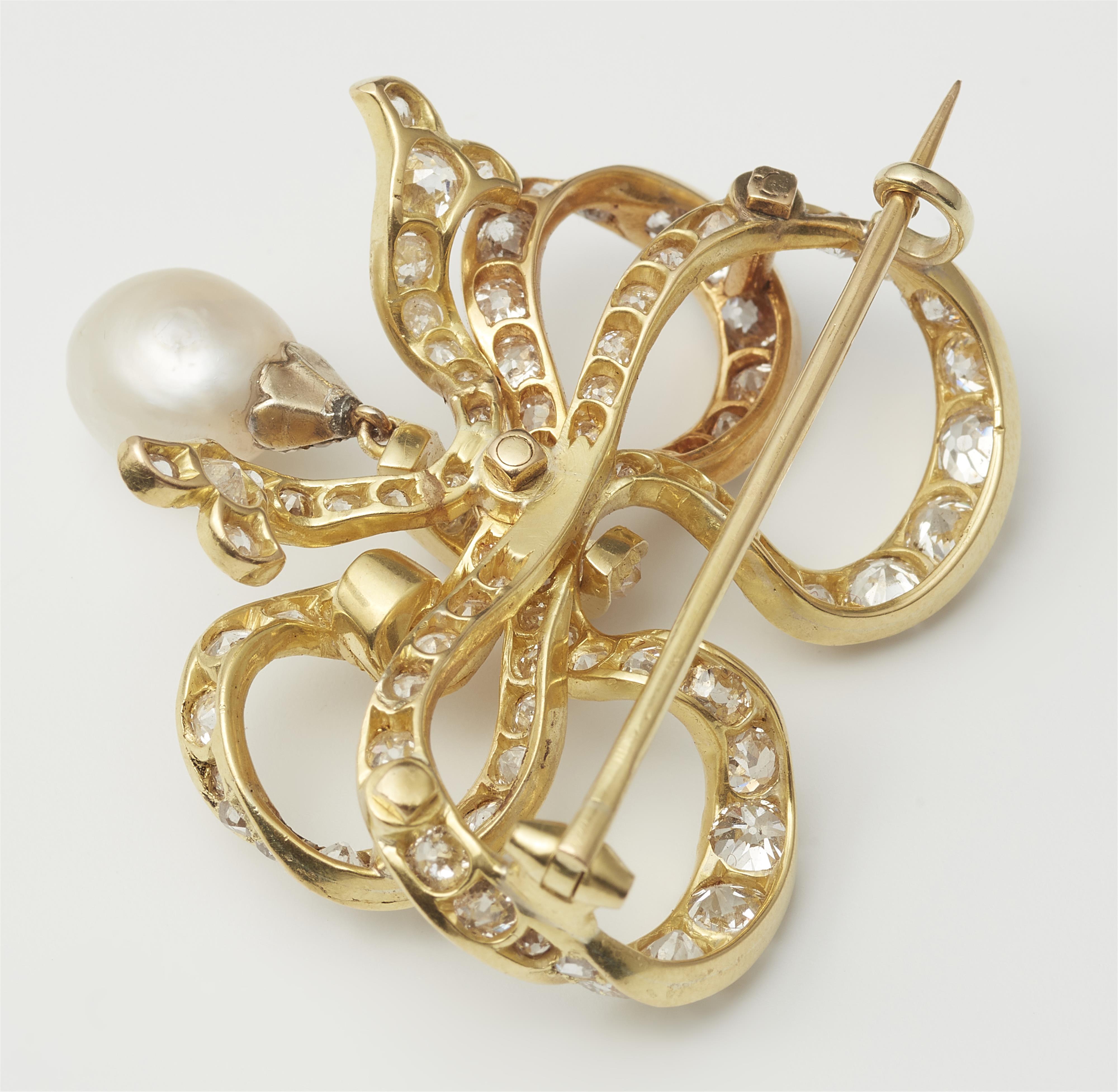 A 14k gold and European old-cut diamond bow brooch with pearl droplet. - image-2