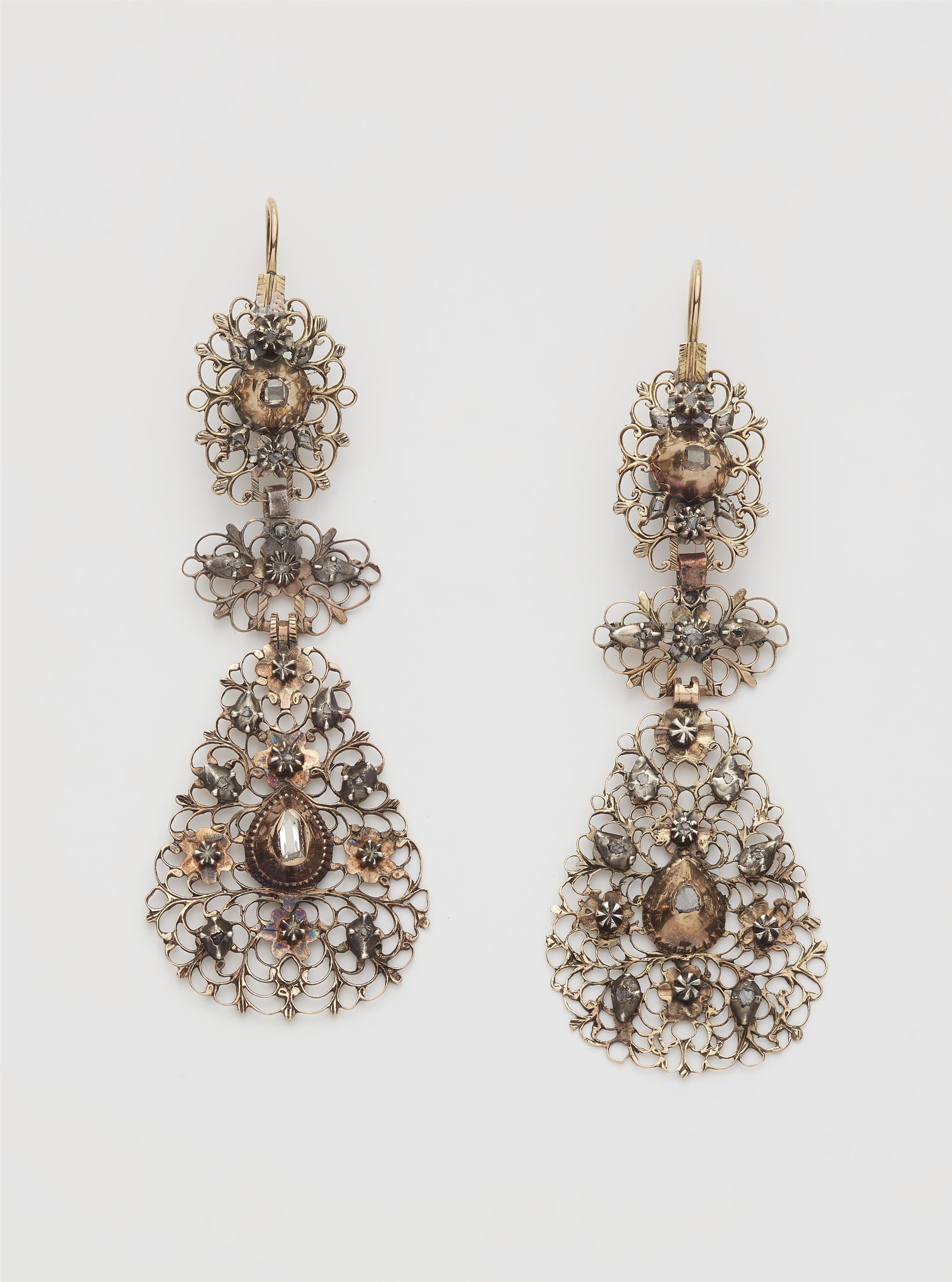 A pair of Flemish red gold filigree silver and diamond Baroque style earrings. - image-1