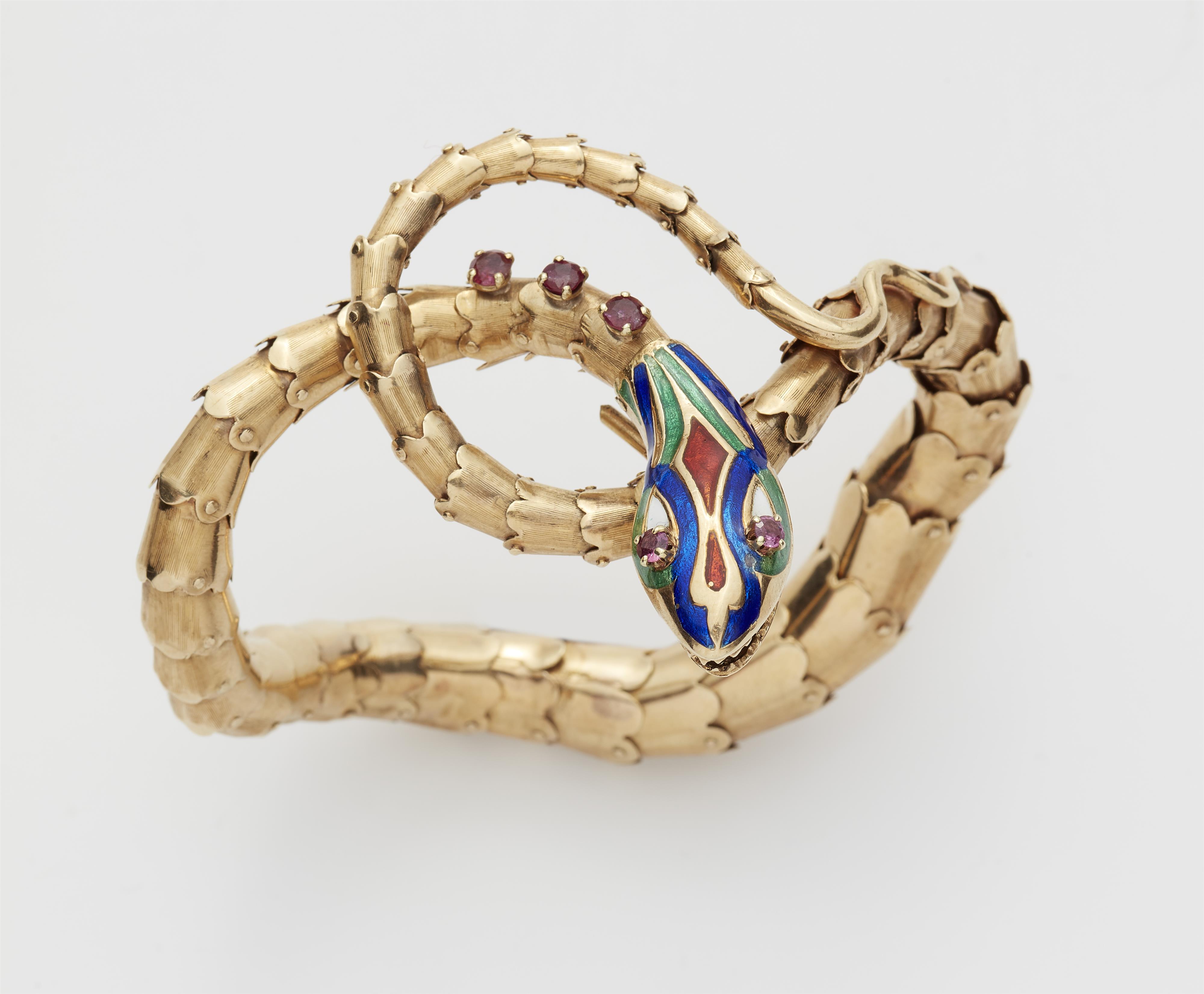 A Victorian 14k gold and polychrome translucent enamel snake bangle. - image-1