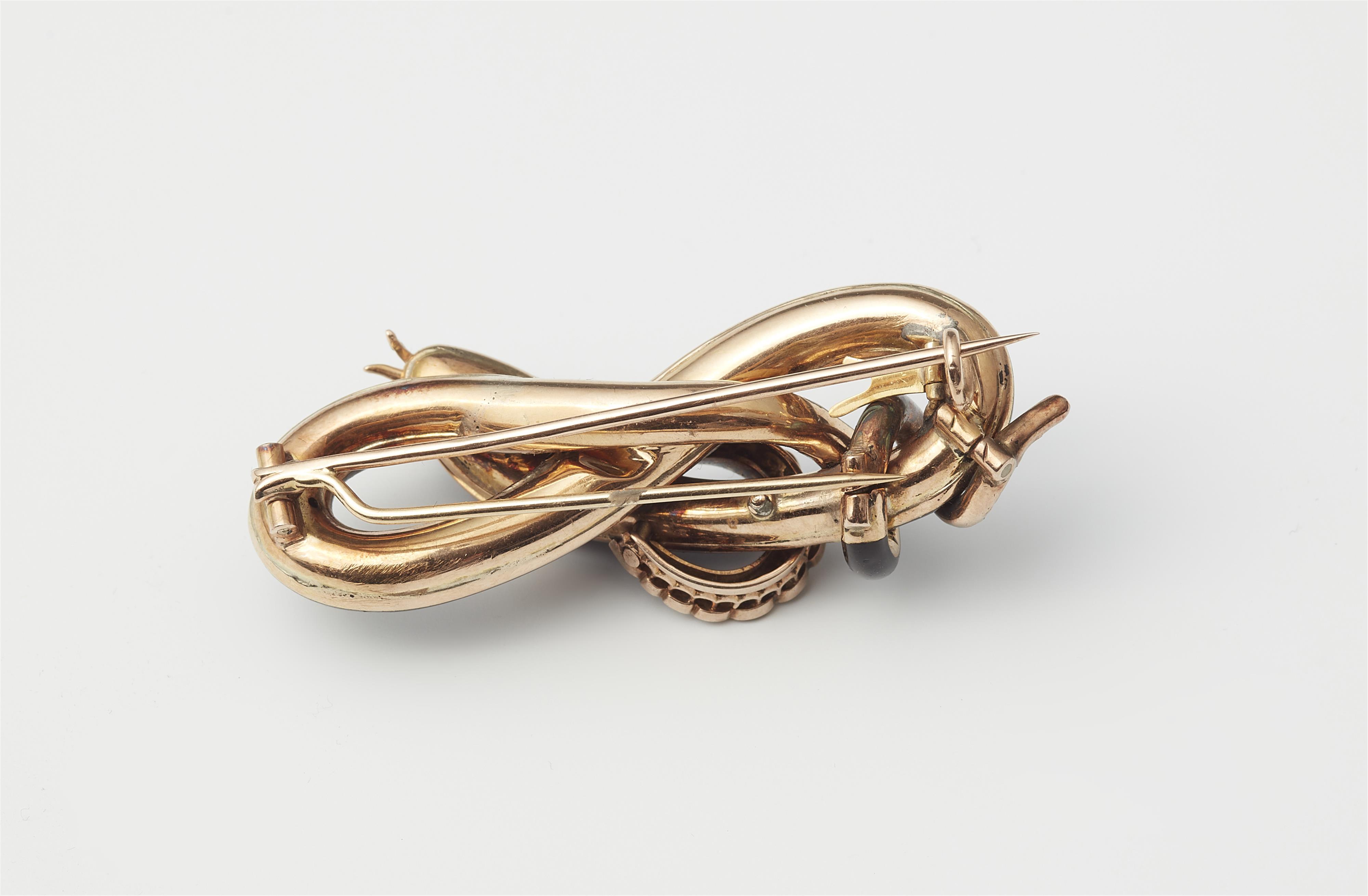 A late 19th century 14k gold black enamel and diamond snake brooch. - image-2