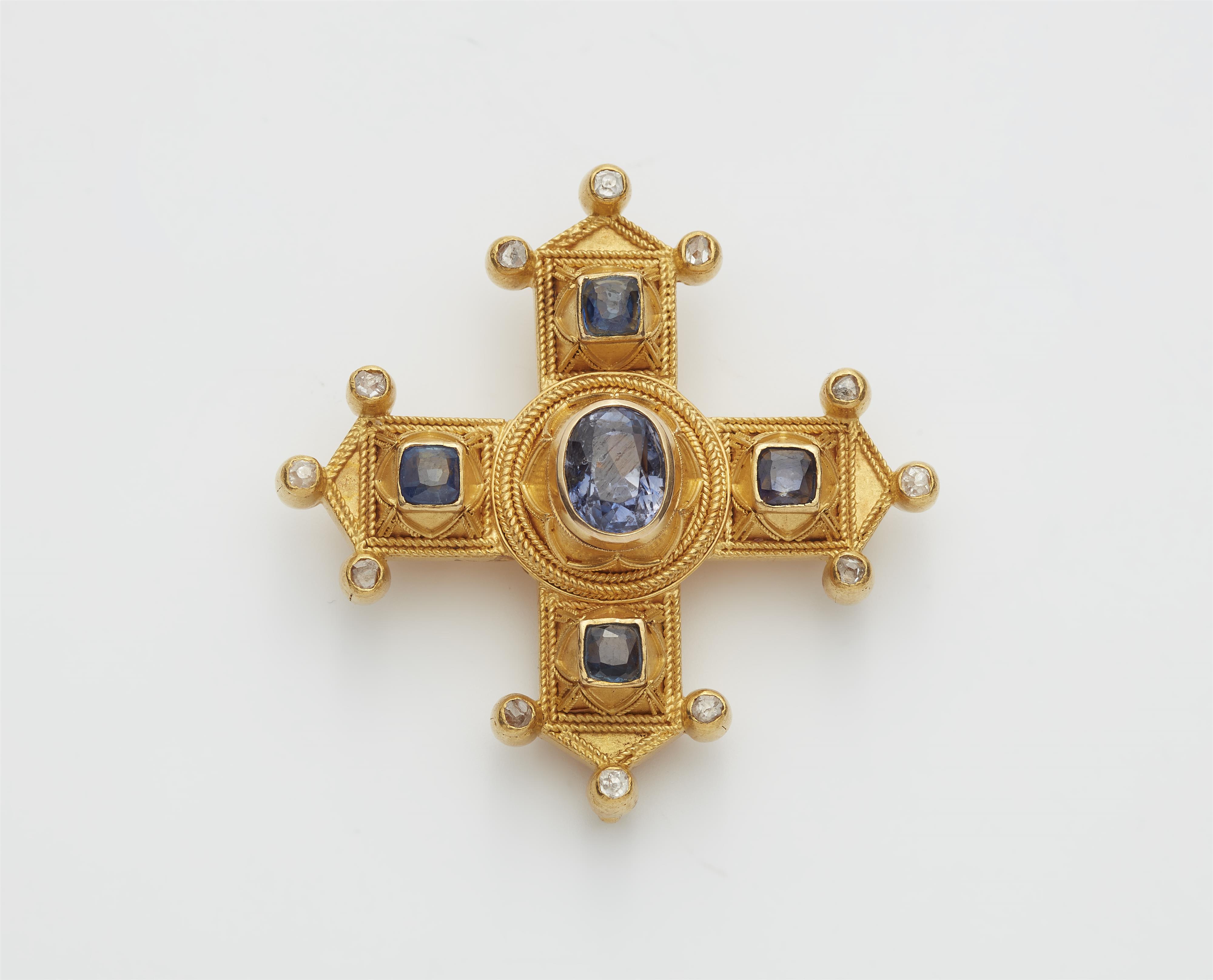 An Italian Byzantine Revival 18k gold and sapphire cross pendant brooch. - image-1