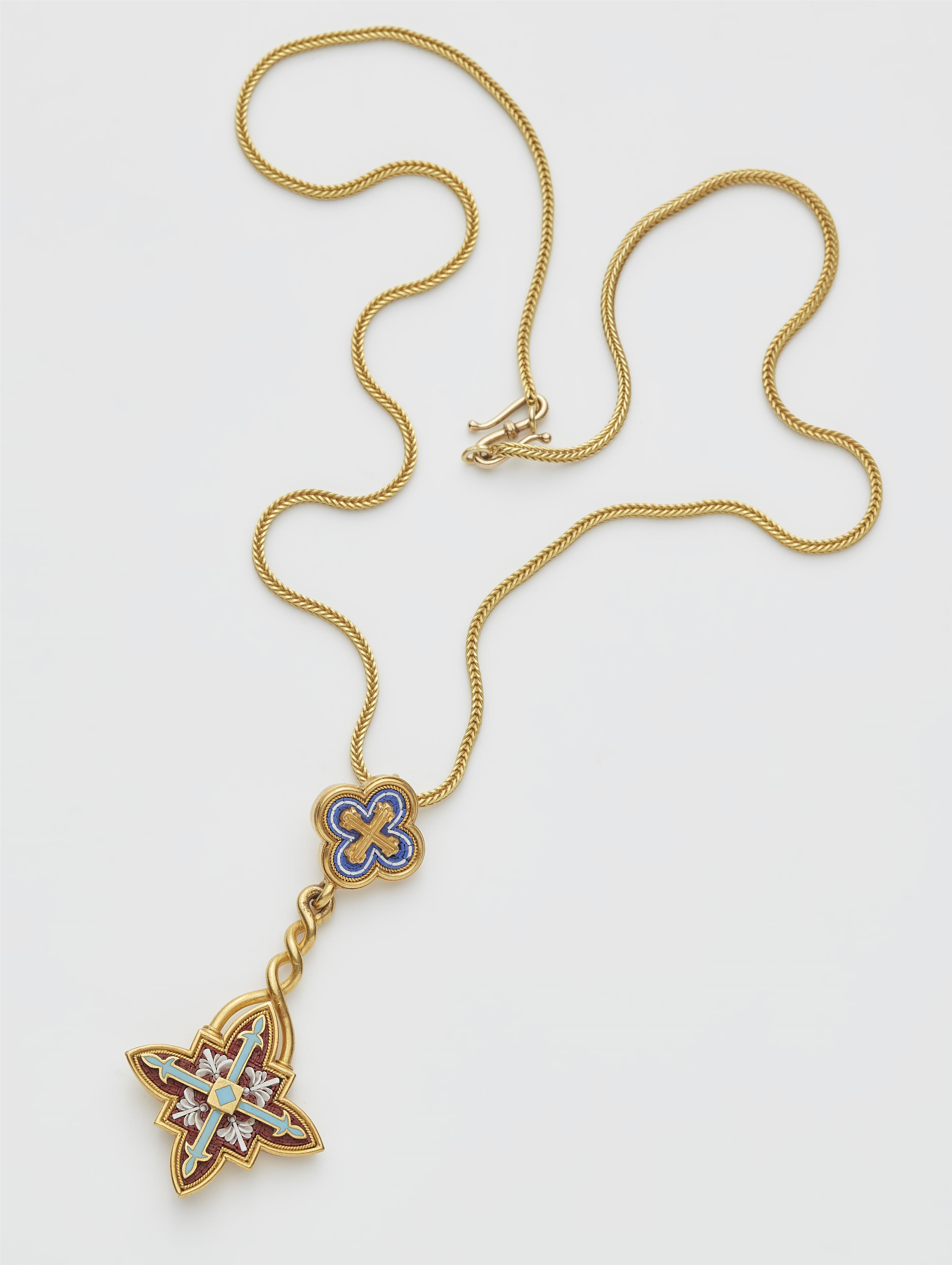 An Etruscan Revival 18k gold enamel and micromosaic pendant with attached chain. - image-1