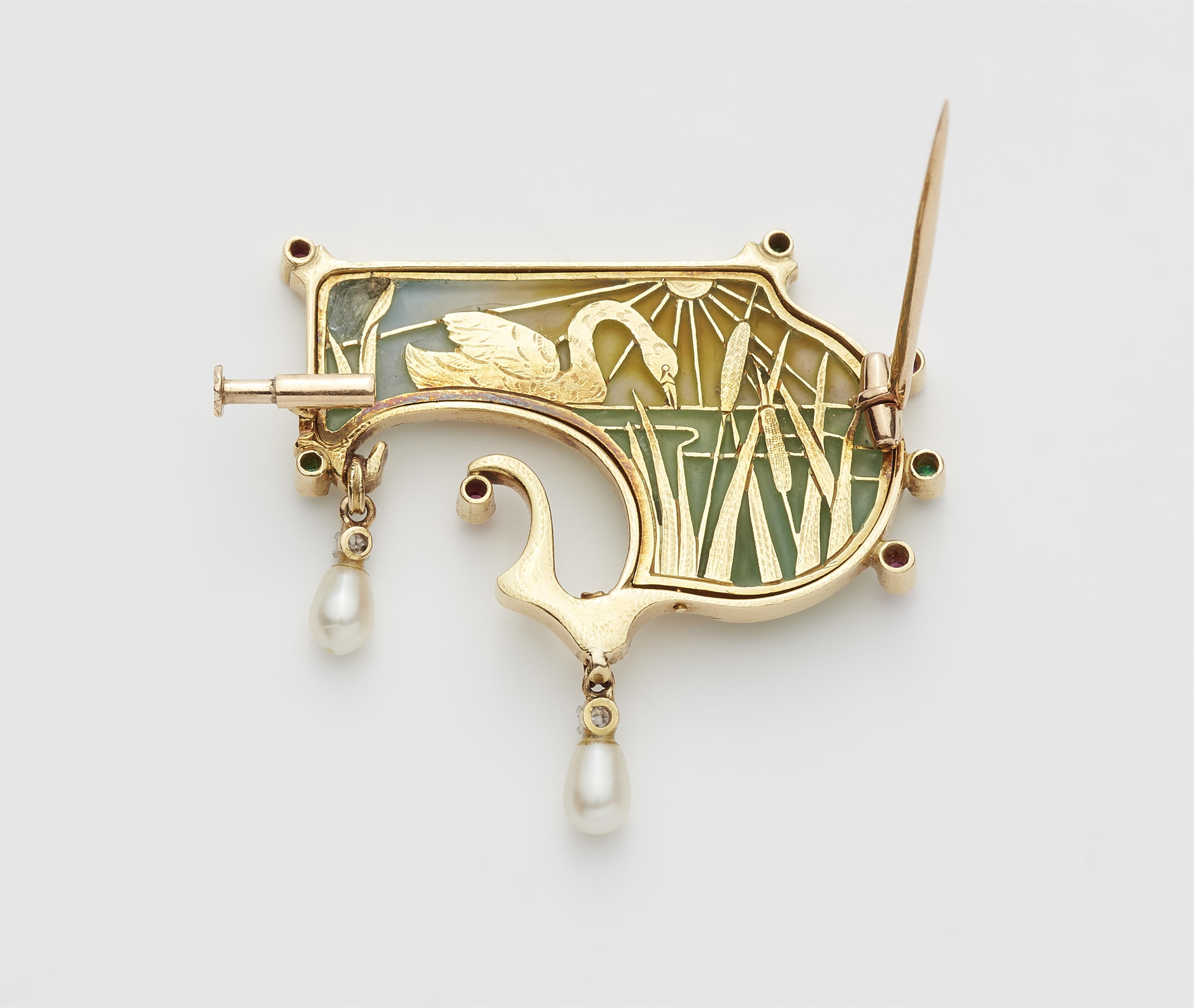 An French 18k gold enamel plique-à-jour coloured gemstone pearl and diamond Art Nouveau brooch. - image-2