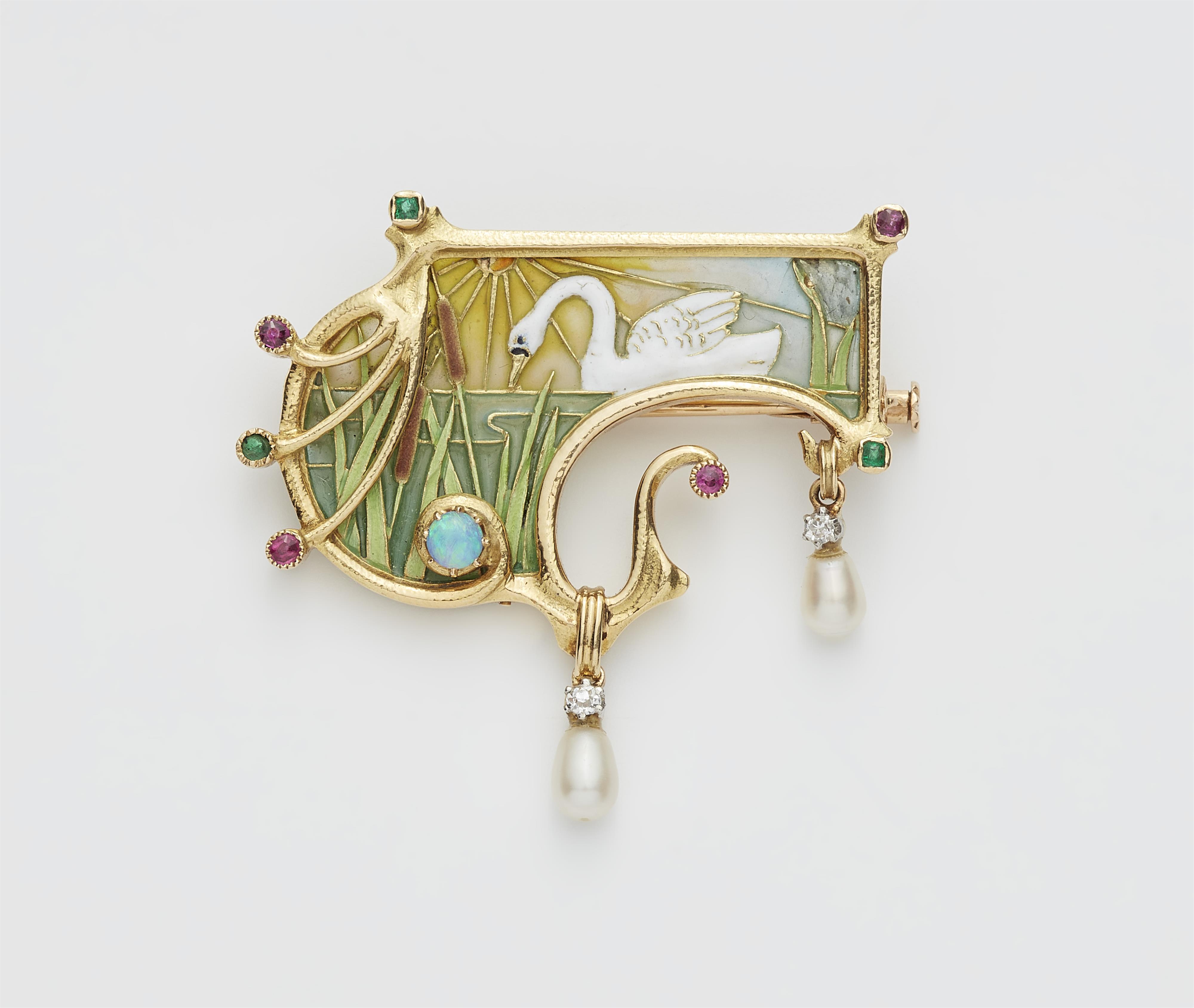 An French 18k gold enamel plique-à-jour coloured gemstone pearl and diamond Art Nouveau brooch. - image-1