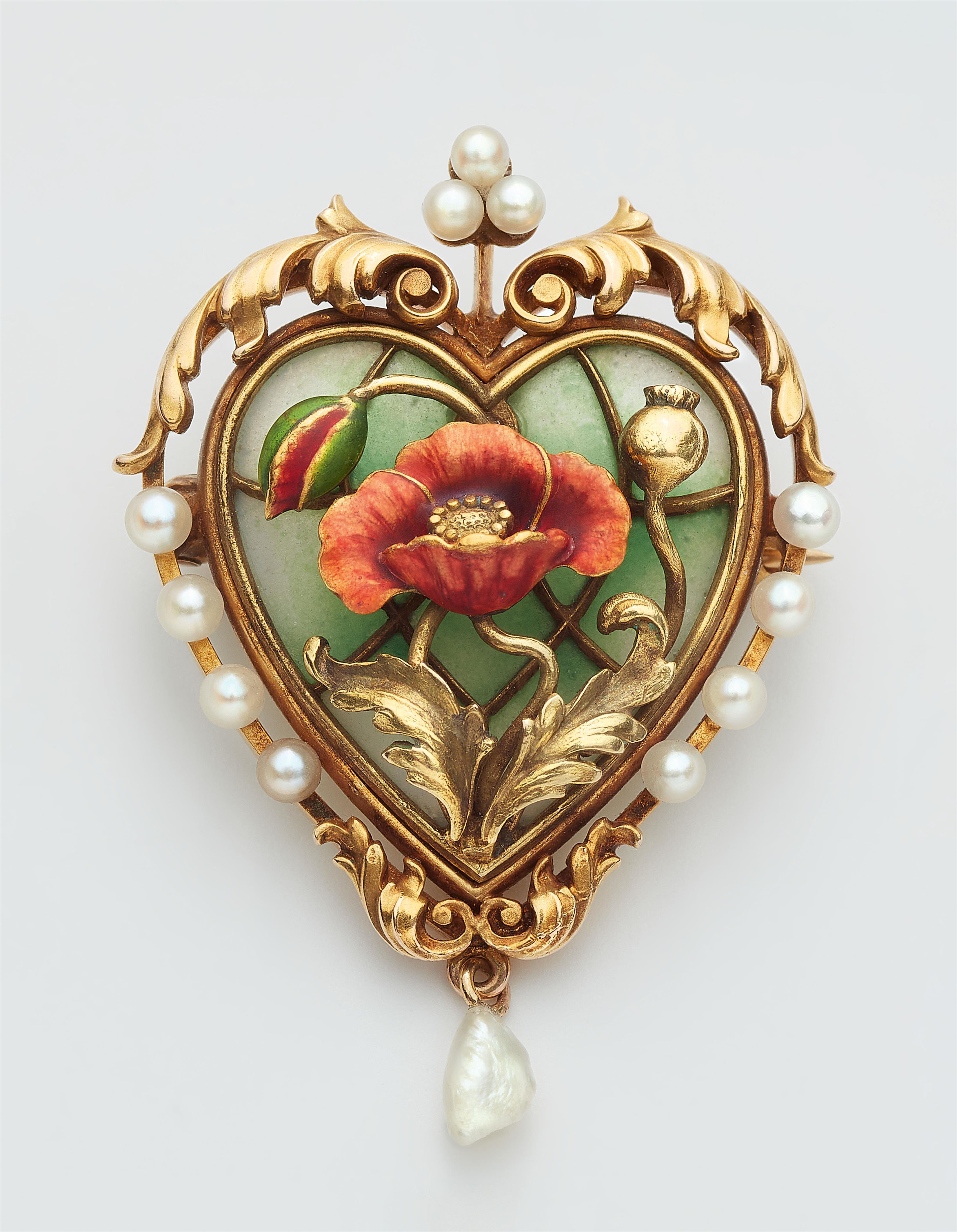 An Art Nouveau 18k gold polychrome enamel and pearl heart pendant. - image-1