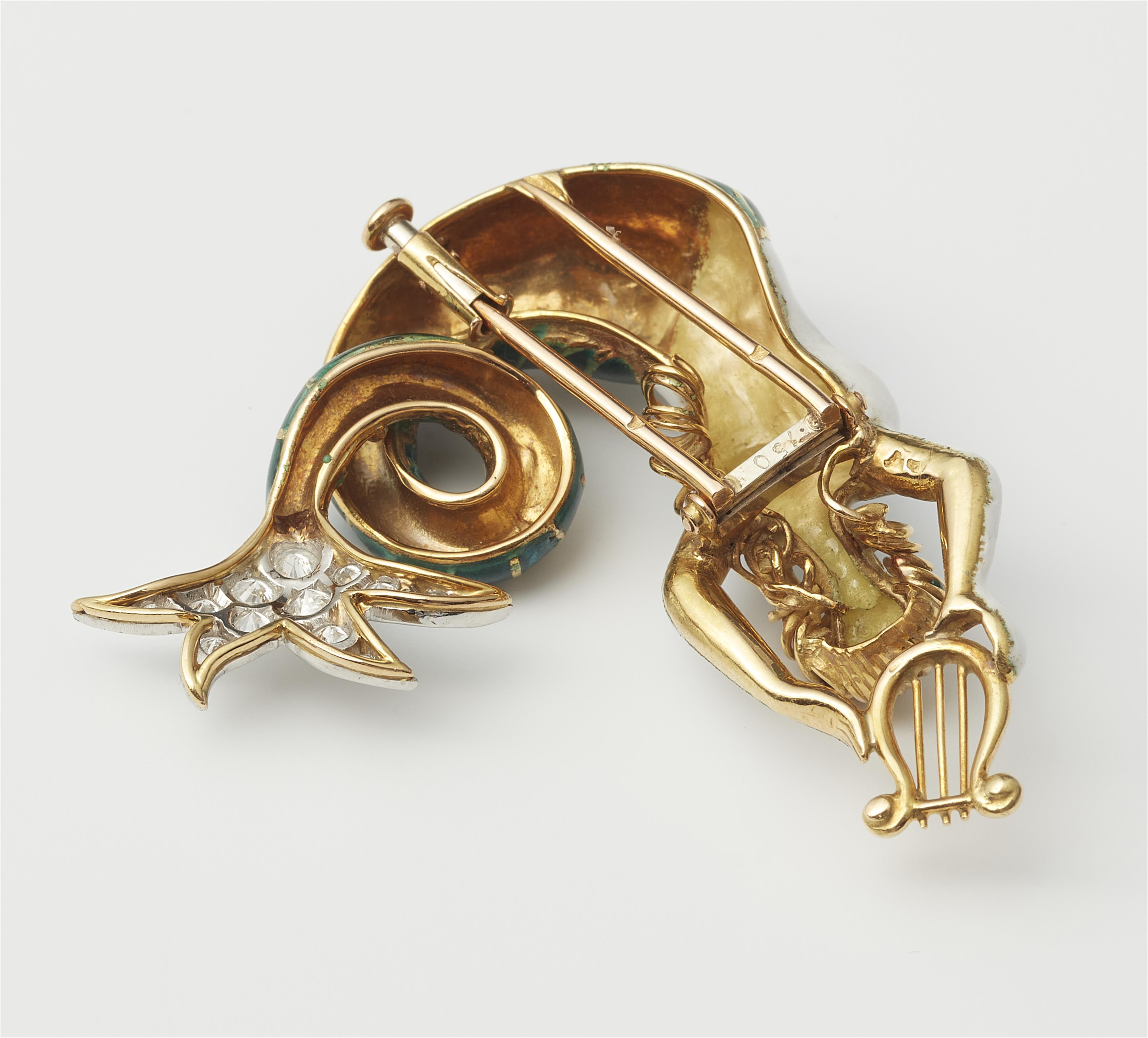 A French 18k gold platinum and enamel nereid brooch. - image-2