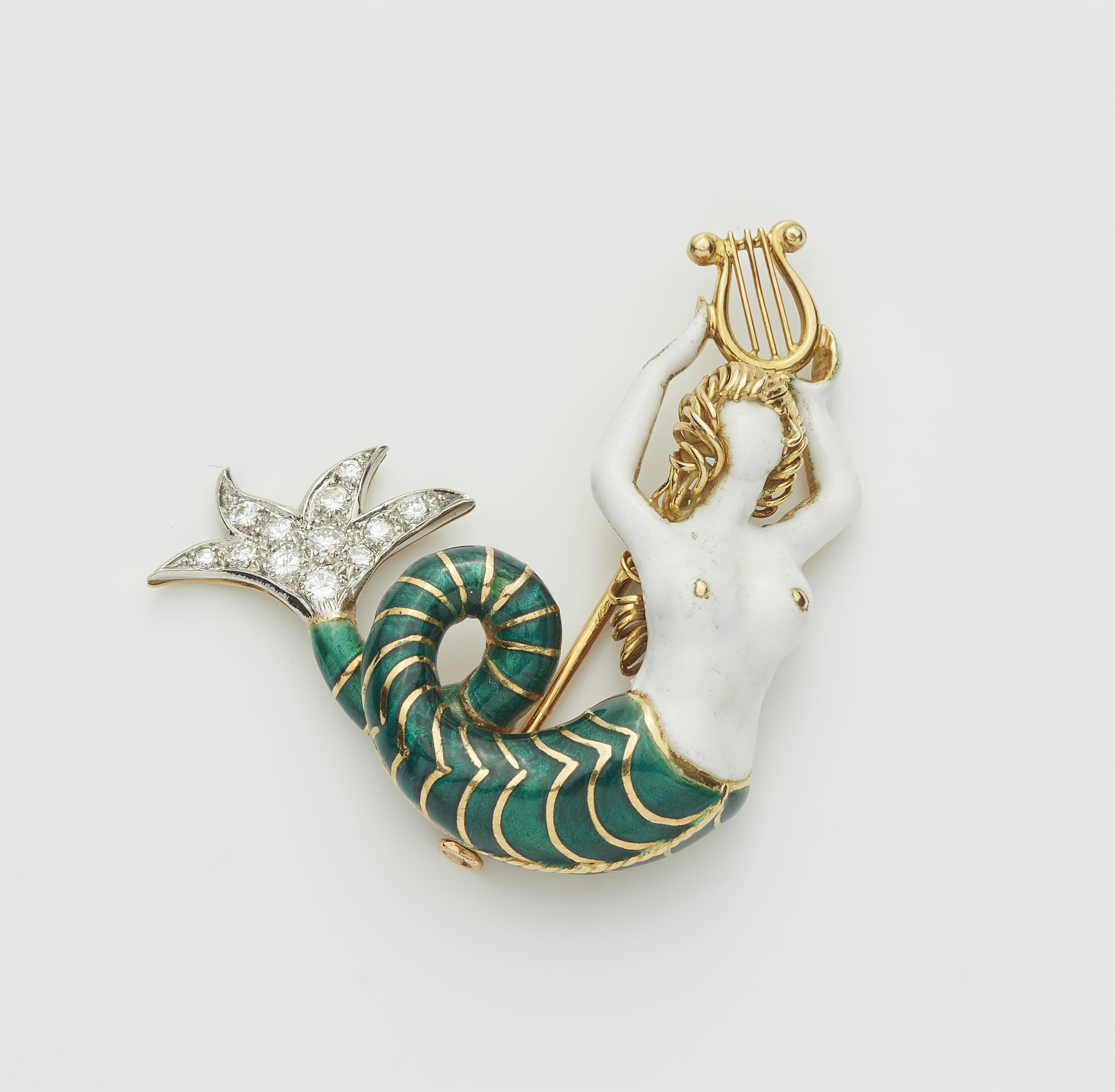 A French 18k gold platinum and enamel nereid brooch. - image-1