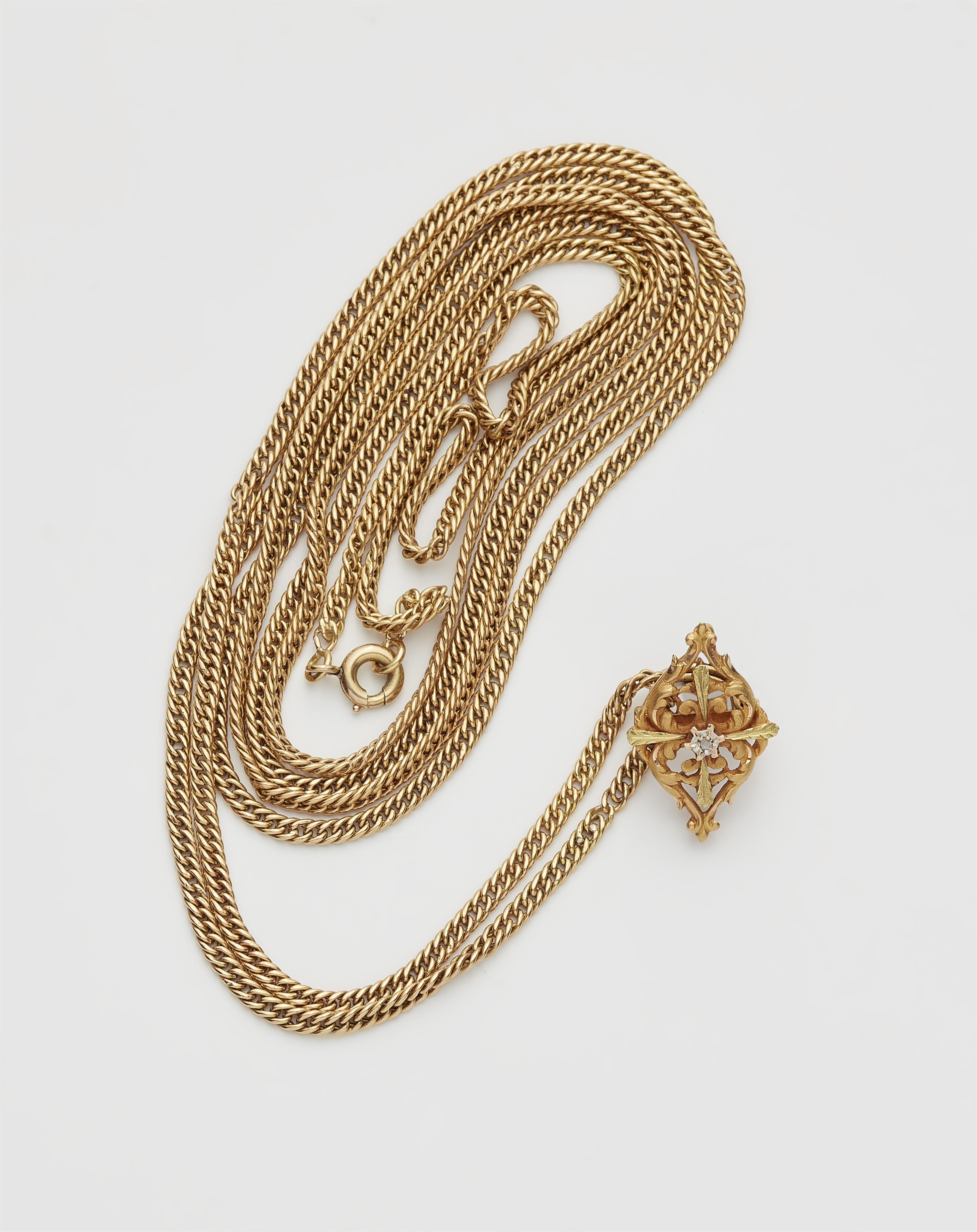 A French 18k gold sautoir with a three colour gold Art Nouveau slider. - image-1