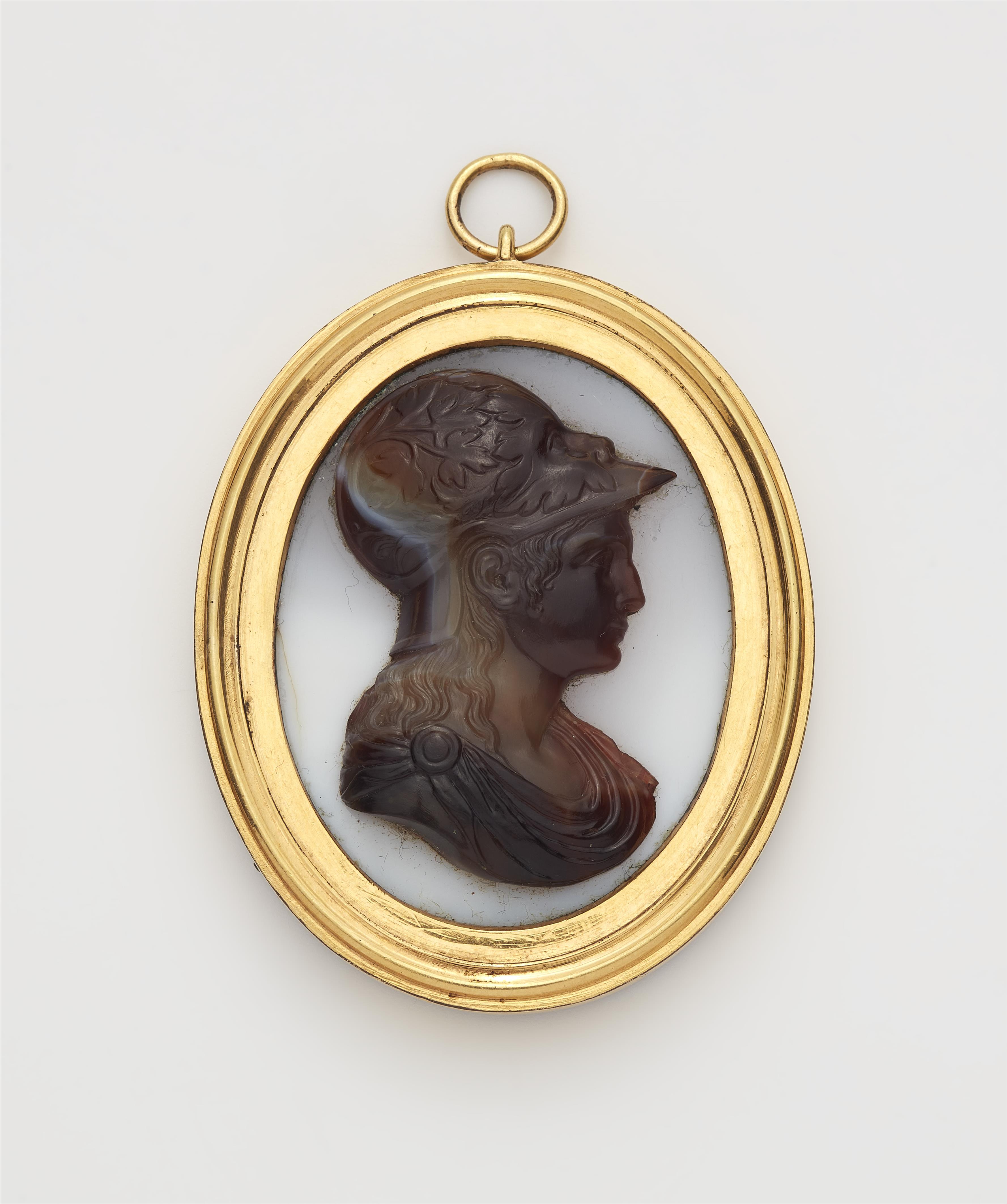 A copper gilt white and banded agate cameo pendant. - image-1