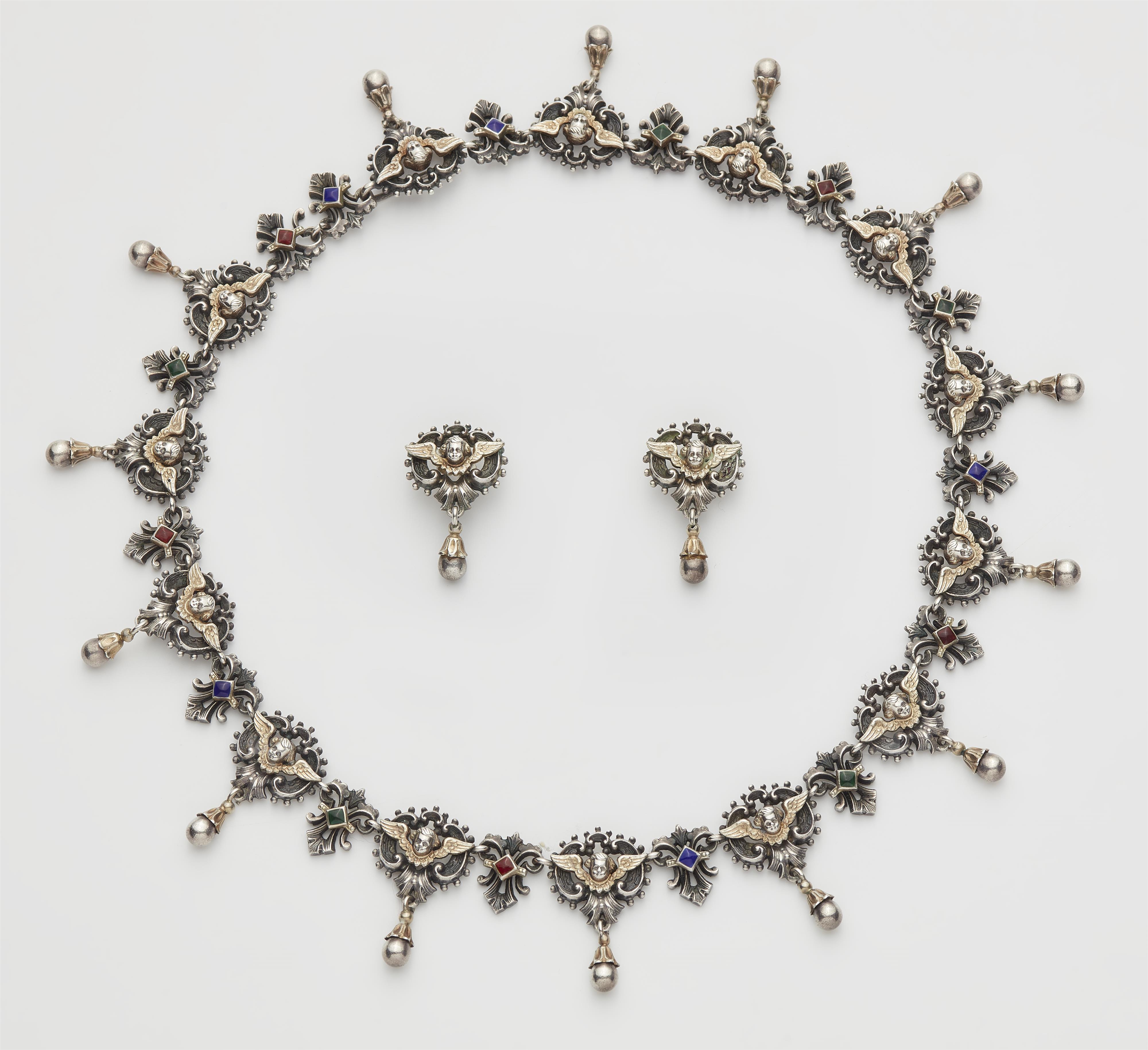 A German silver and enamel Renaissance Revival fringe necklace with attached stud earrings made from links. - image-1