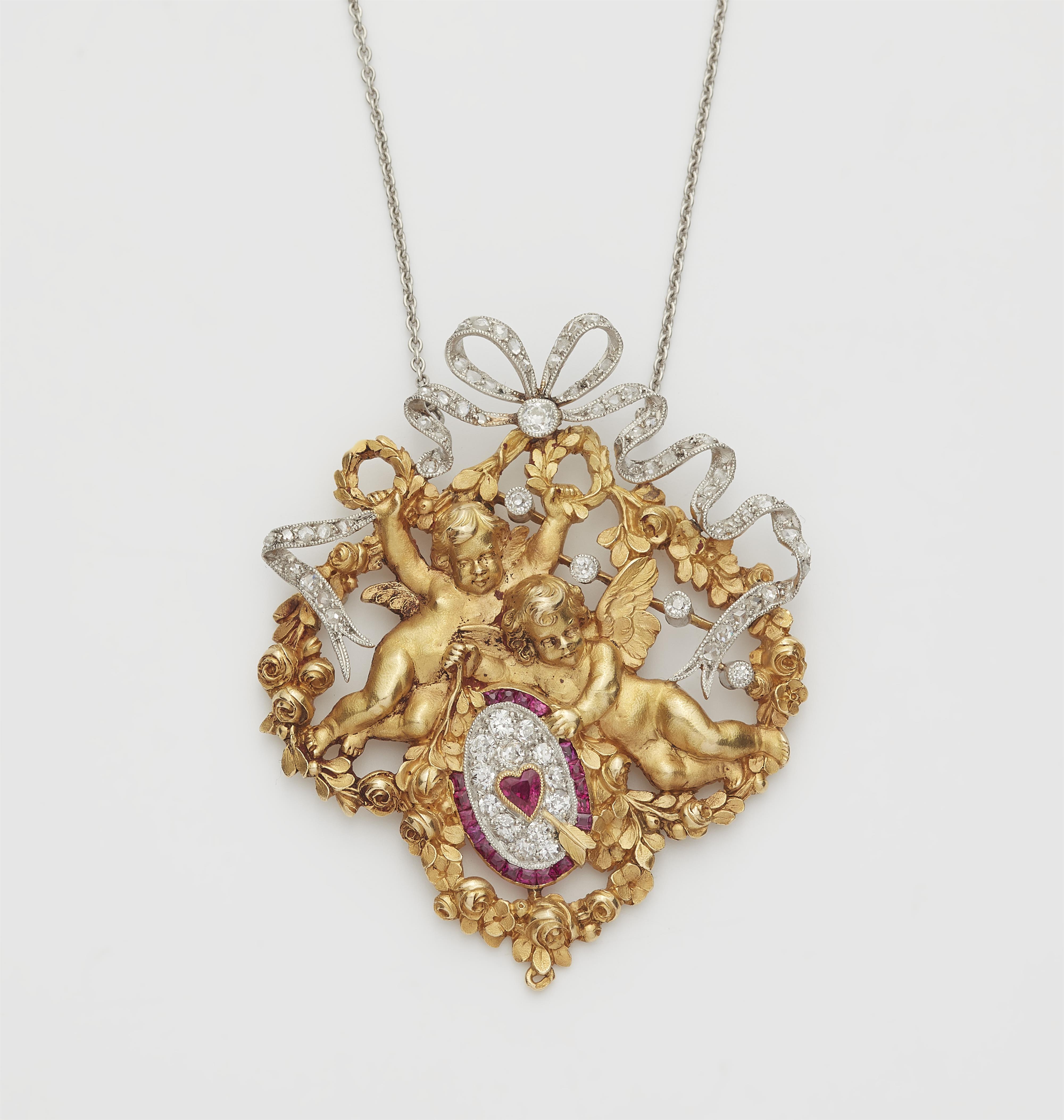 A French 18k gold diamond and ruby love pendant with attatched platinum necklace. - image-1