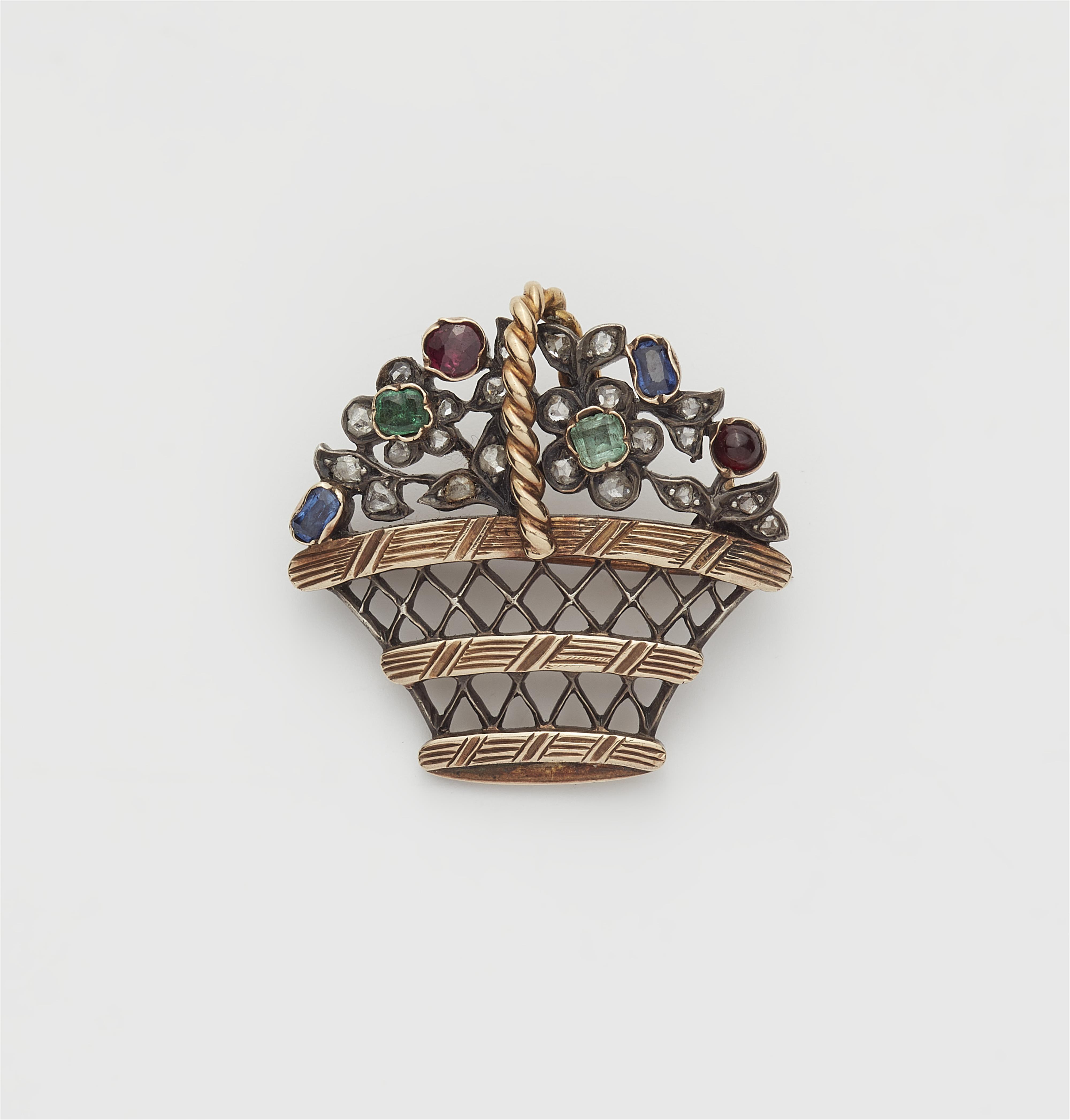 A silver, 8/14k gold diamond and coloured gemstone brooch formed as a basket of flowers. - image-1