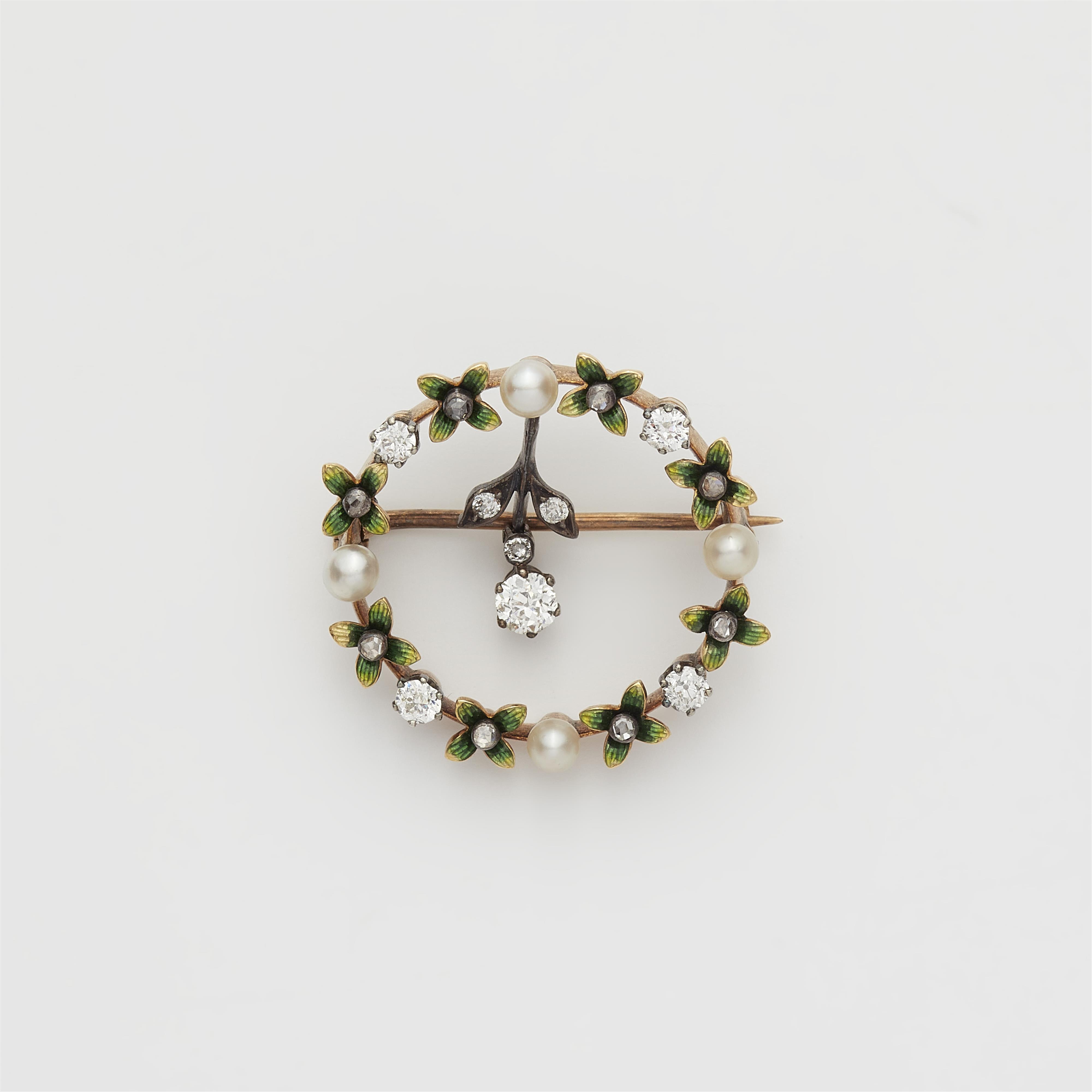 A Belle Epoque 18k gold translucent enamel, diamond and pearl wreath brooch. - image-1