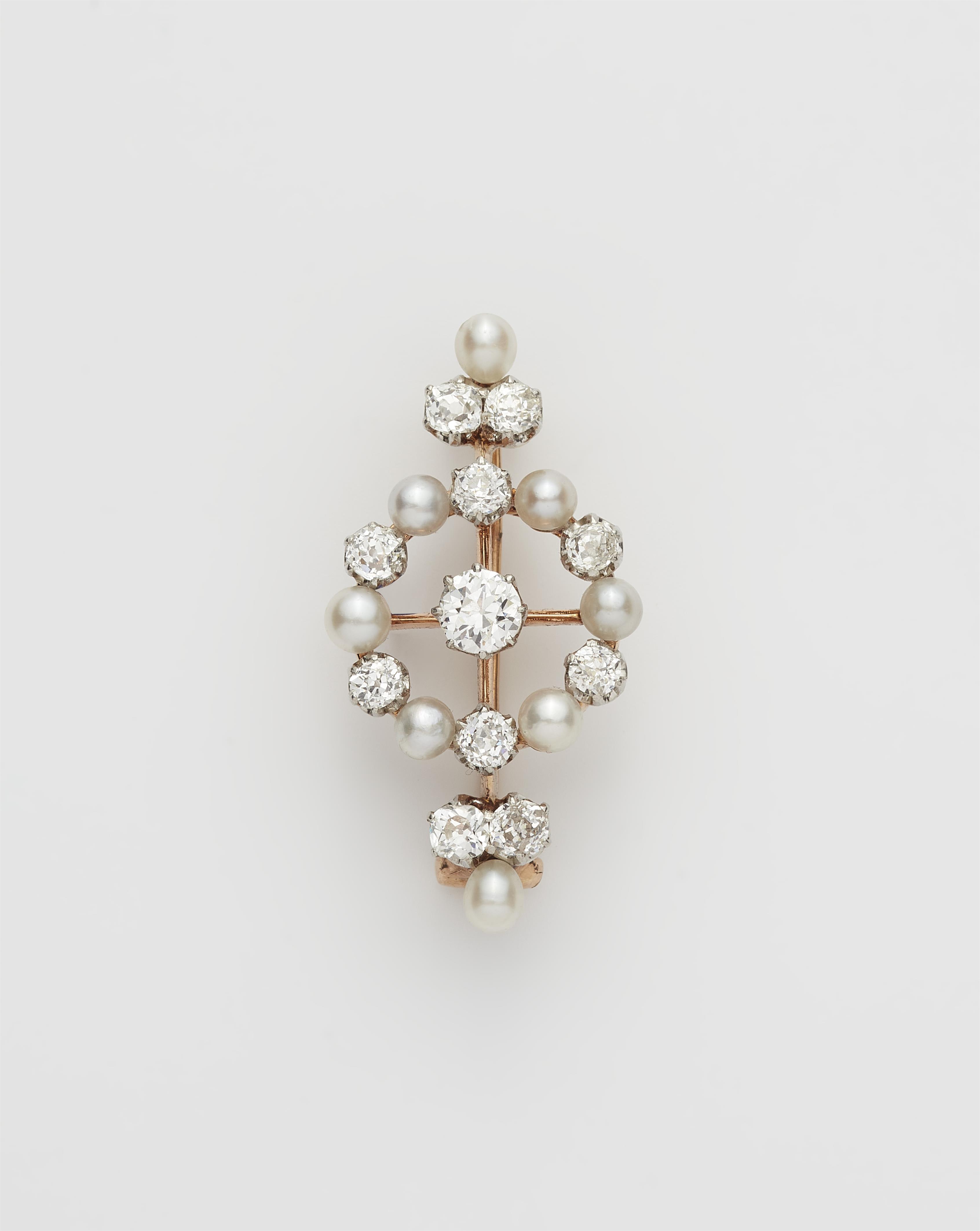 A Belle Epoque 14k gold pearl and diamond brooch. - image-1