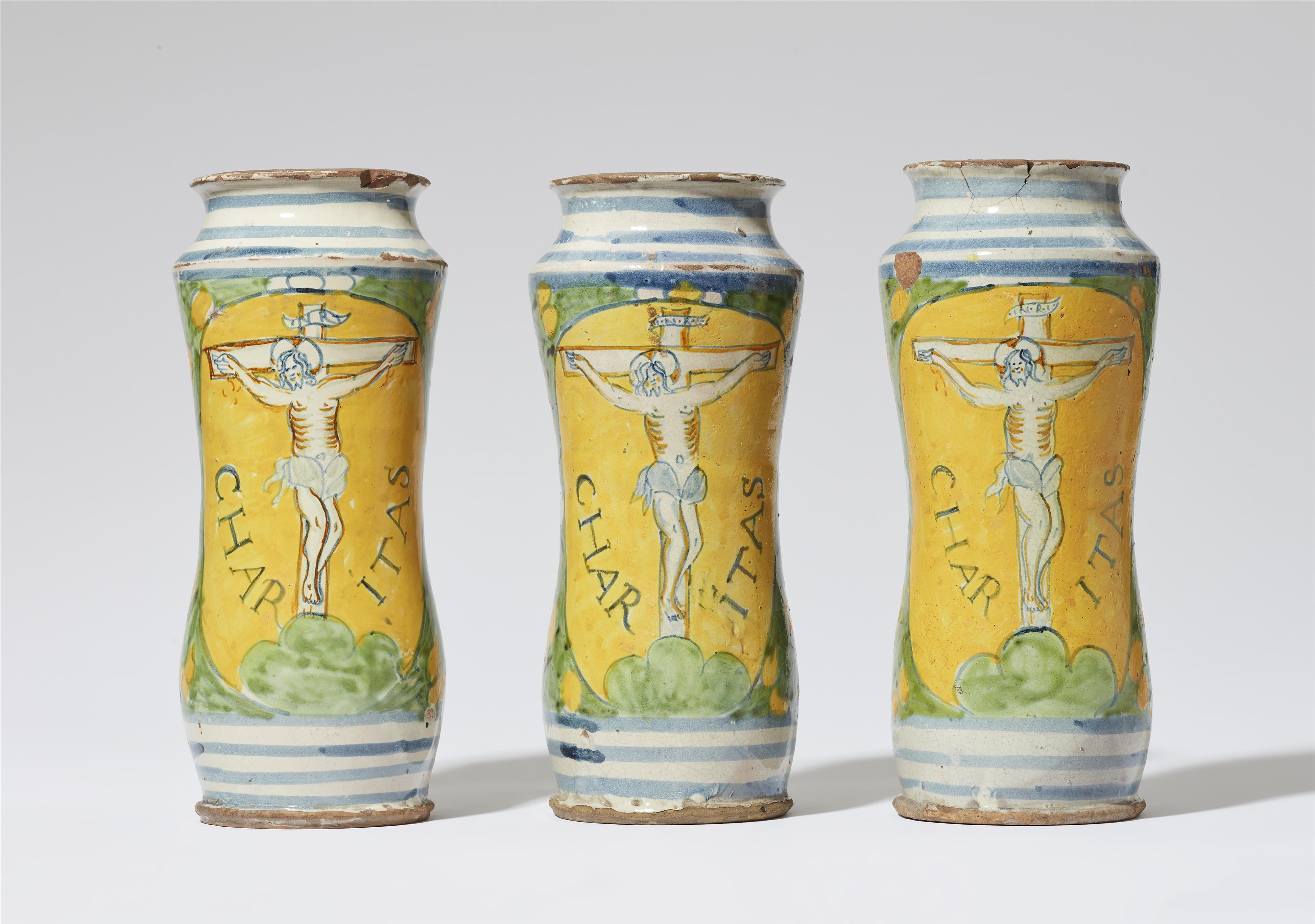 Three Southern Italian majolica albarelli with crucifixion motifs - image-1