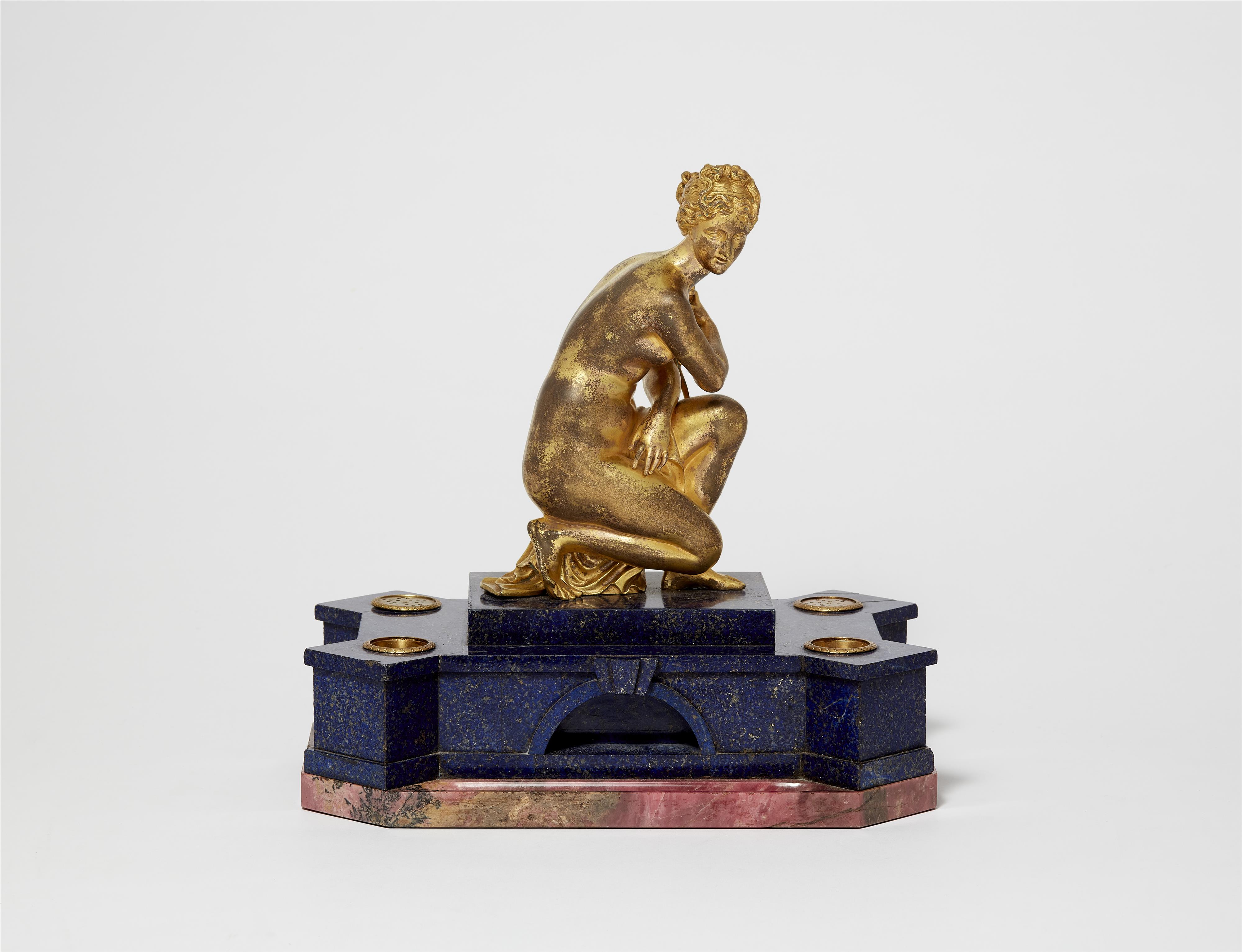 A gemstone ink well with the gilt bronze figure of a bathing Diana - image-1