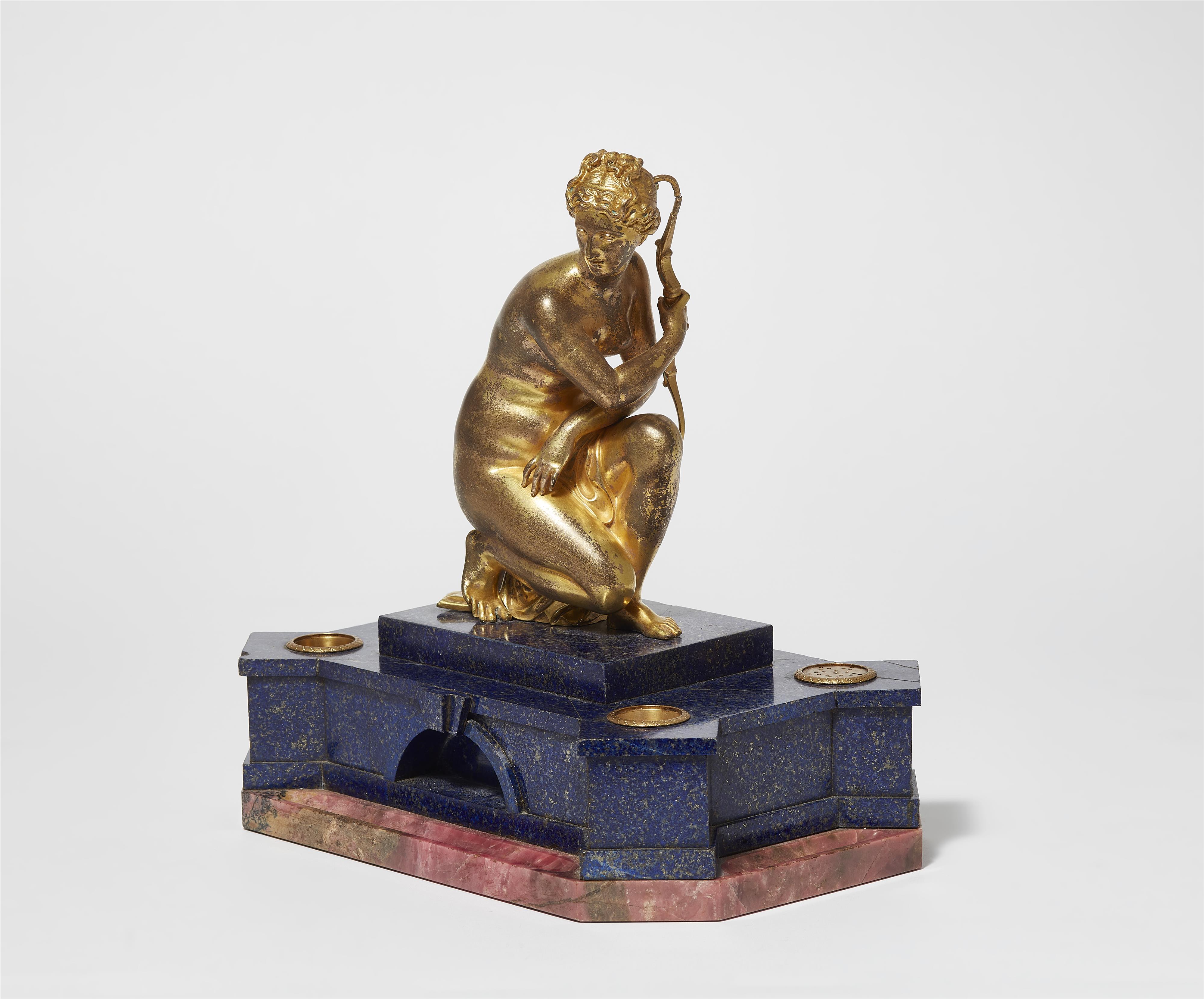 A gemstone ink well with the gilt bronze figure of a bathing Diana - image-2