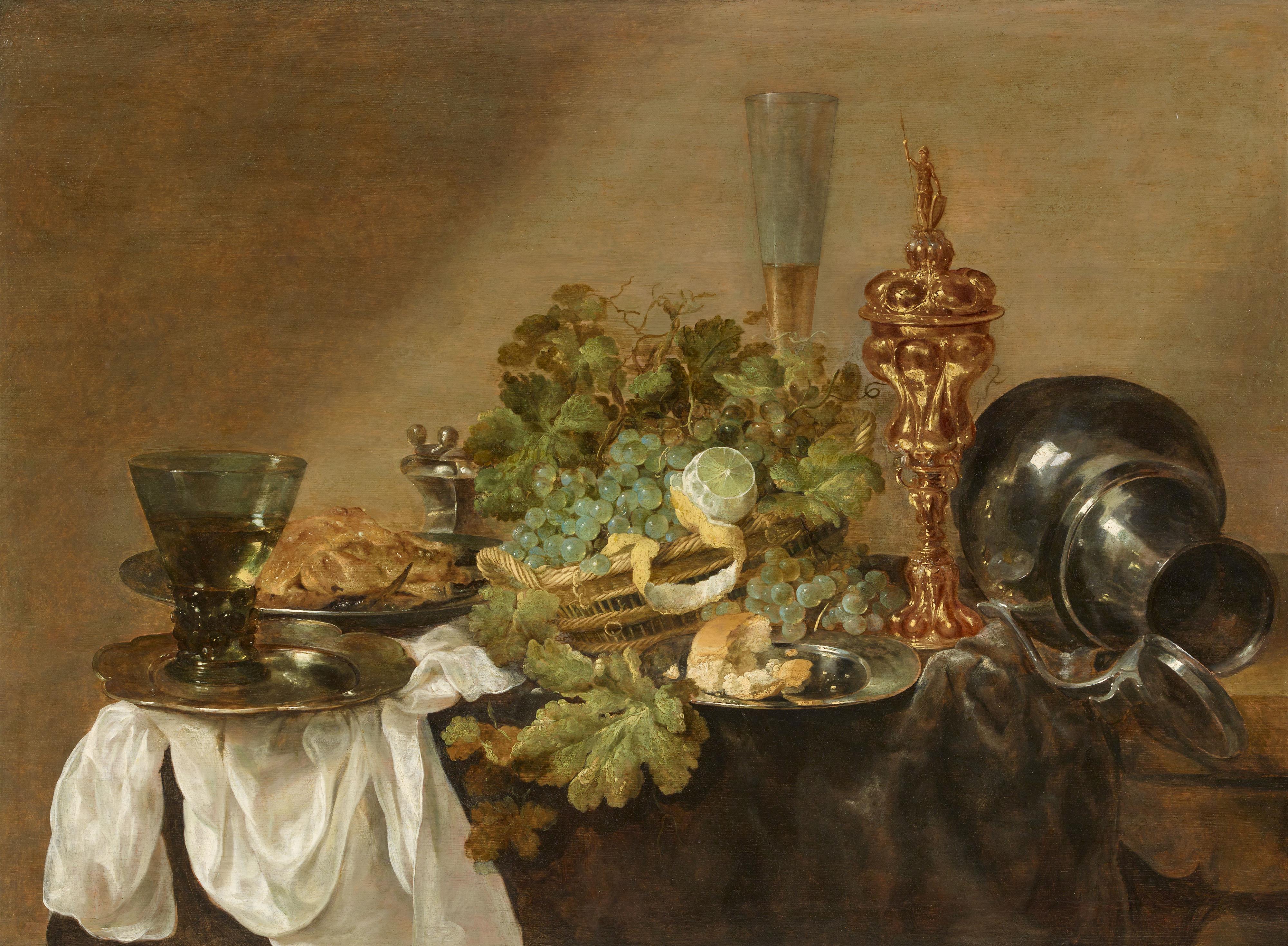 Abraham van Beijeren - A Still Life with Grapes, Lemons, Bread, a Rummer and a gilded Chalice on a Table - image-1