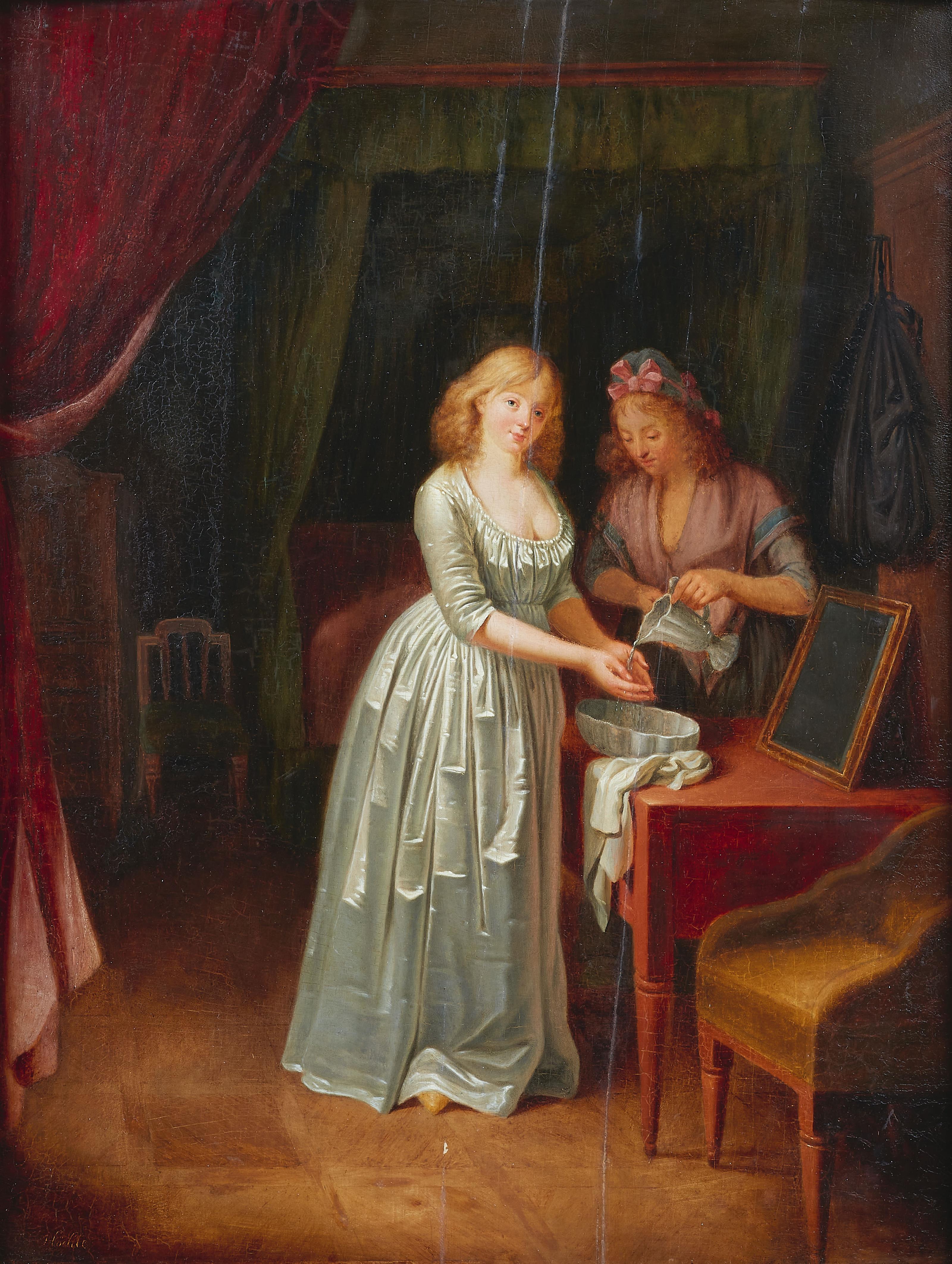 Johann Baptist Hoechle - Interior with young woman and maid - image-1