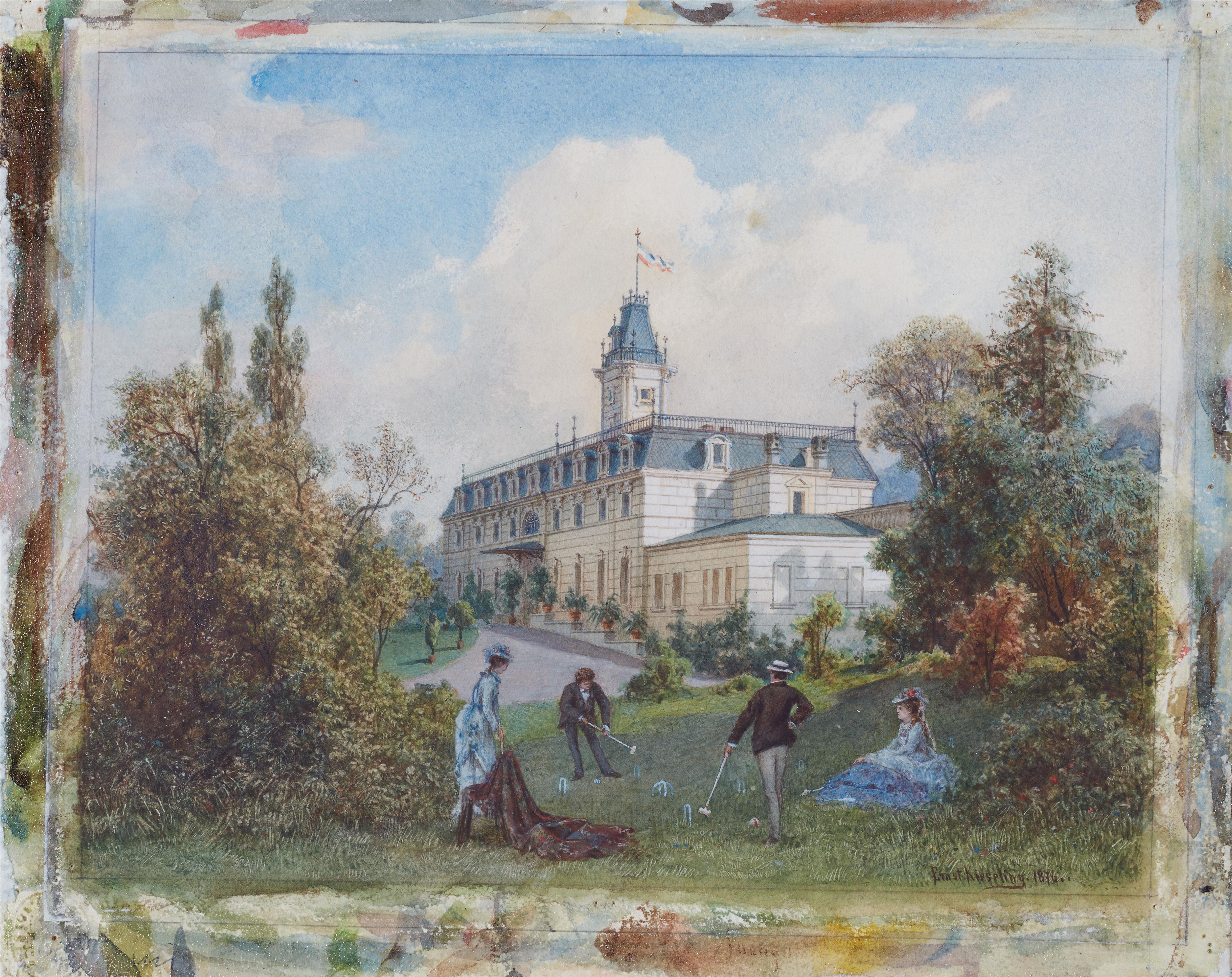 Ernst Kiesling - Zwei Paare beim Kricketspiel auf dem Rasen vor einem Schloss - image-1
