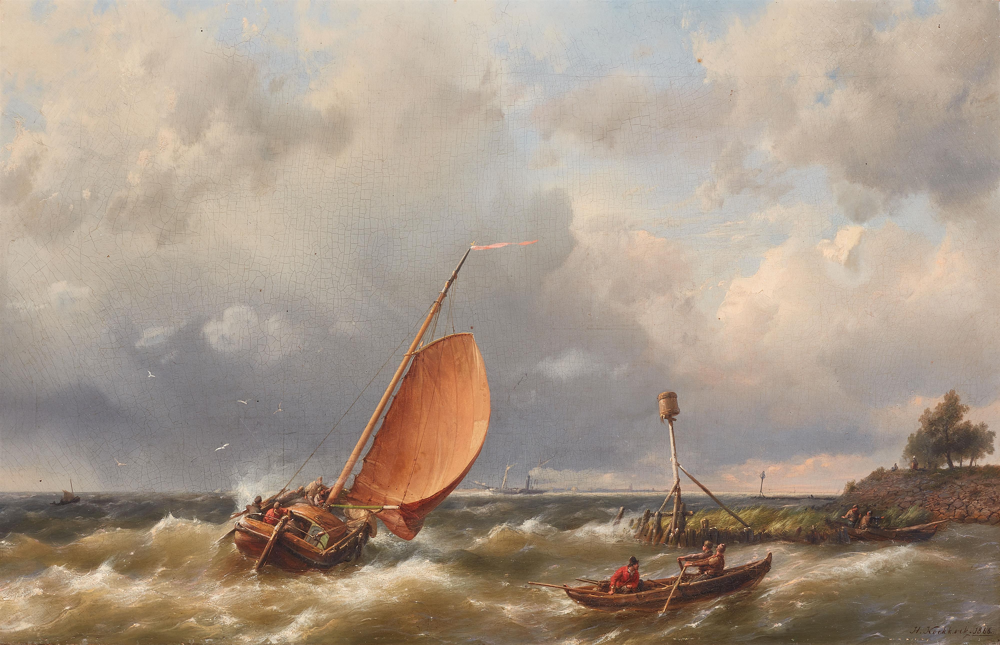 Hermanus Koekkoek I - Coastal View with Sailing Ships and Rowing Boats on Choppy Seas - image-1