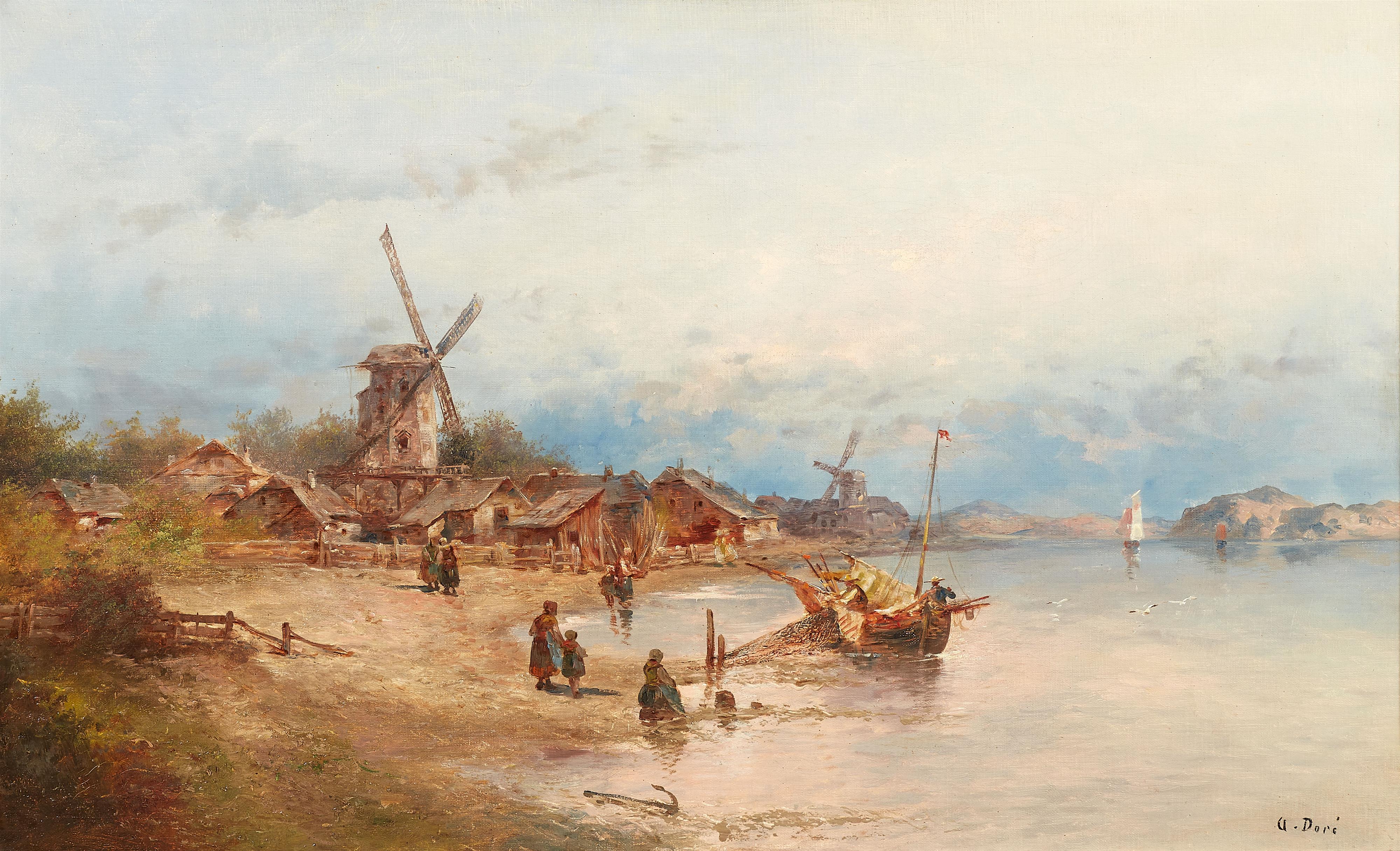 Armand Doré - A Pair of Coastal Landscapes with Windmills and Fishermen - image-2