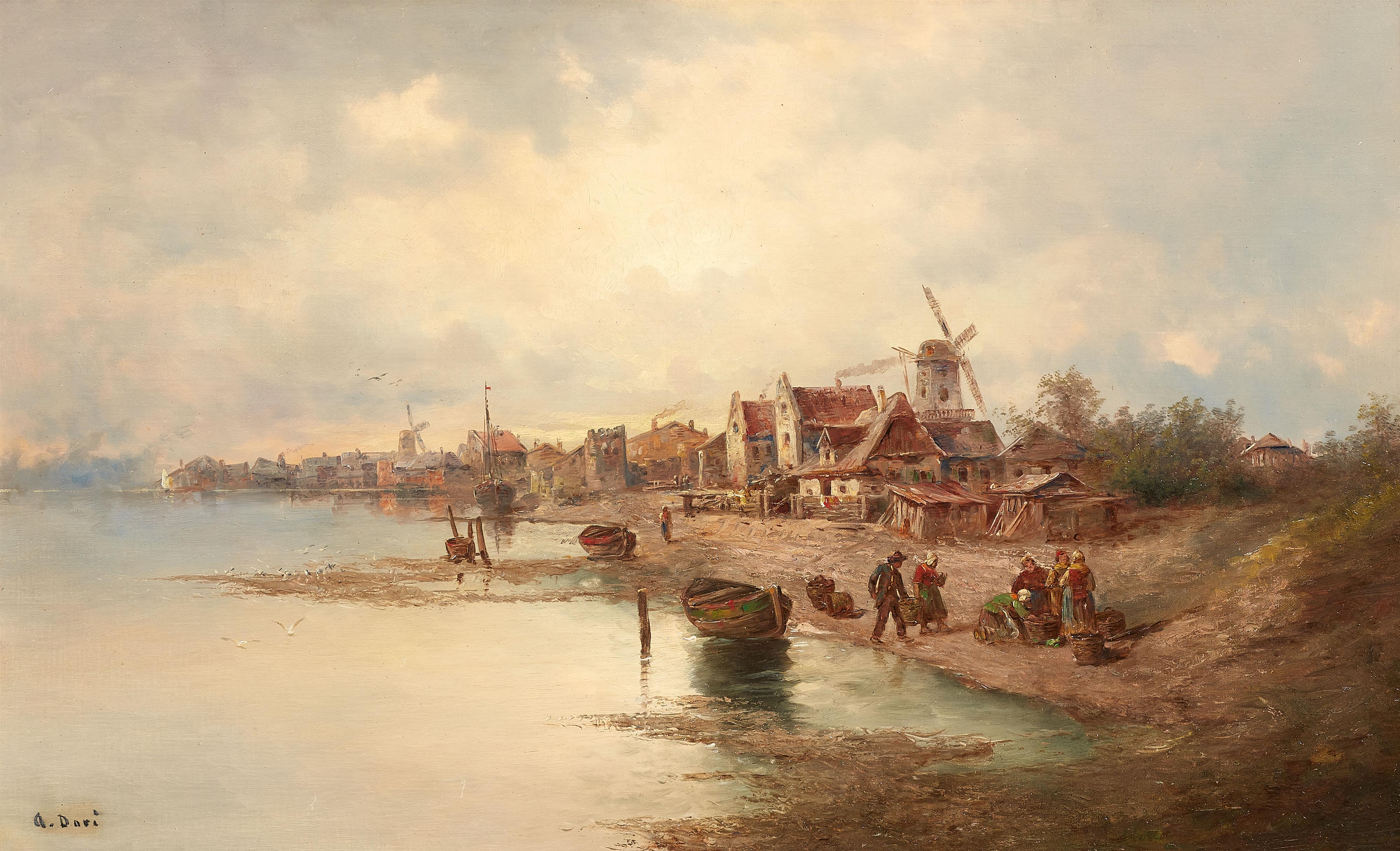 Armand Doré - A Pair of Coastal Landscapes with Windmills and Fishermen - image-1