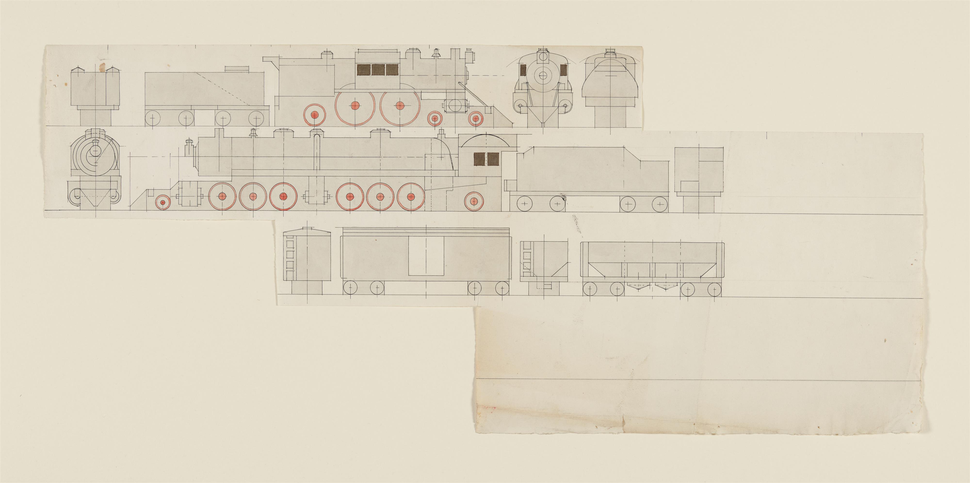 Lyonel Feininger - Lokomotive mit Tender und zwei Passagierwagons. Dazu: Vier Konstruktionszeichnungen - image-2