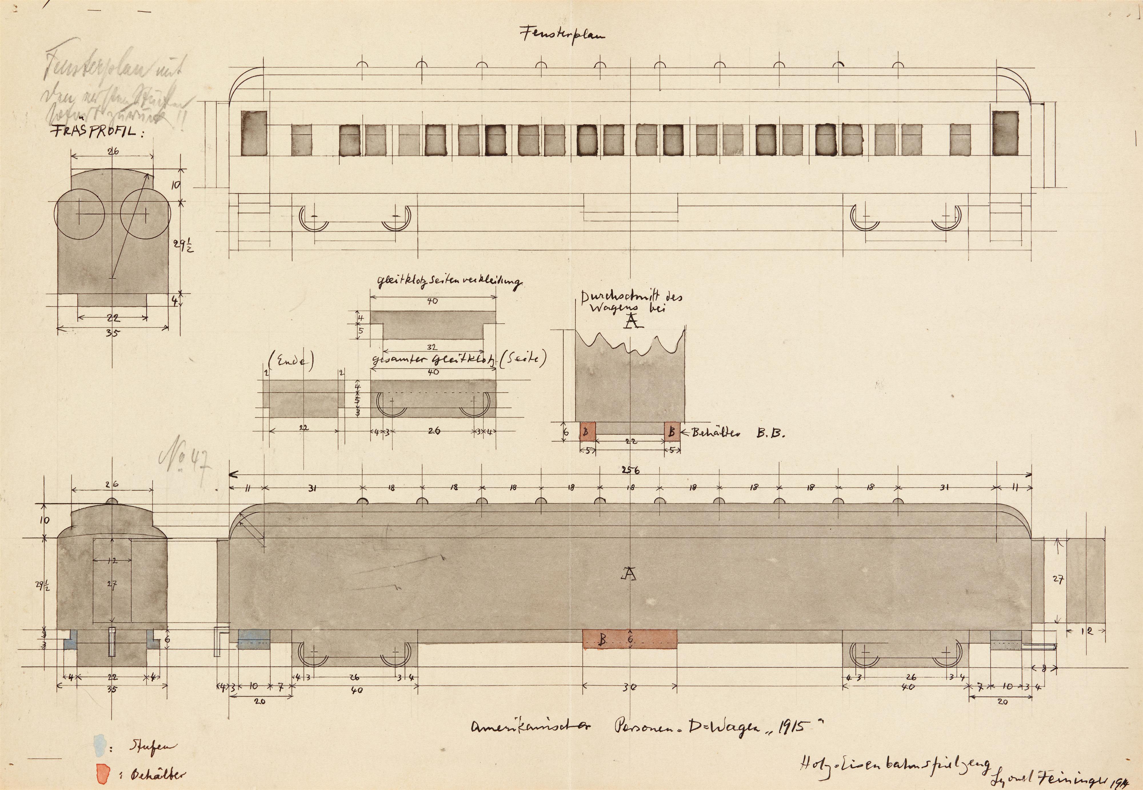 Lyonel Feininger - Lokomotive mit Tender und zwei Passagierwagons. Dazu: Vier Konstruktionszeichnungen - image-3