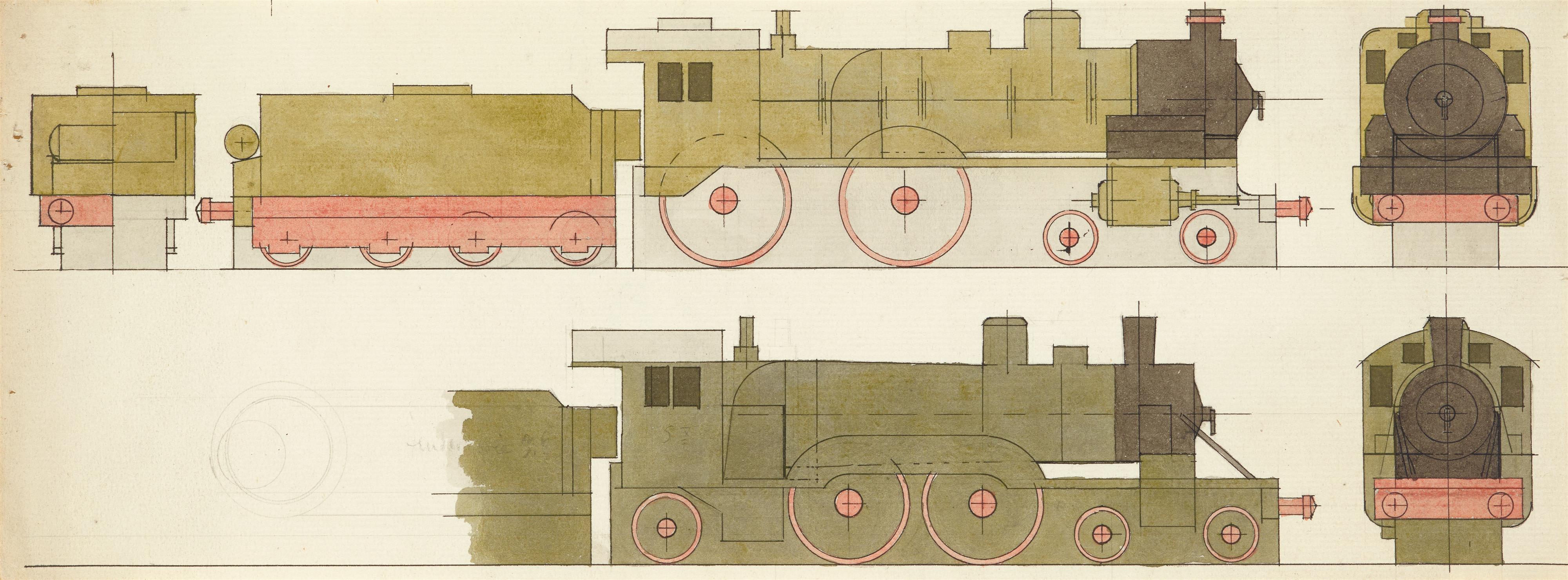 Lyonel Feininger - Lokomotive mit Tender und zwei Passagierwagons. Dazu: Vier Konstruktionszeichnungen - image-4