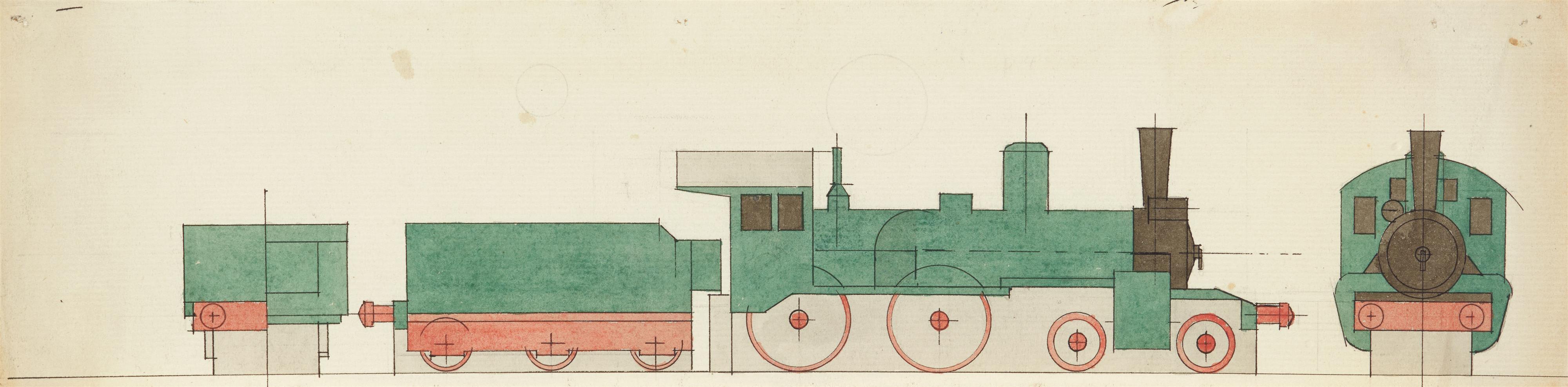 Lyonel Feininger - Lokomotive mit Tender (American eight-wheeler with linear smokestack and three axial tender). Dazu: Die Konstruktionszeichnung, Zug im Profil - image-2