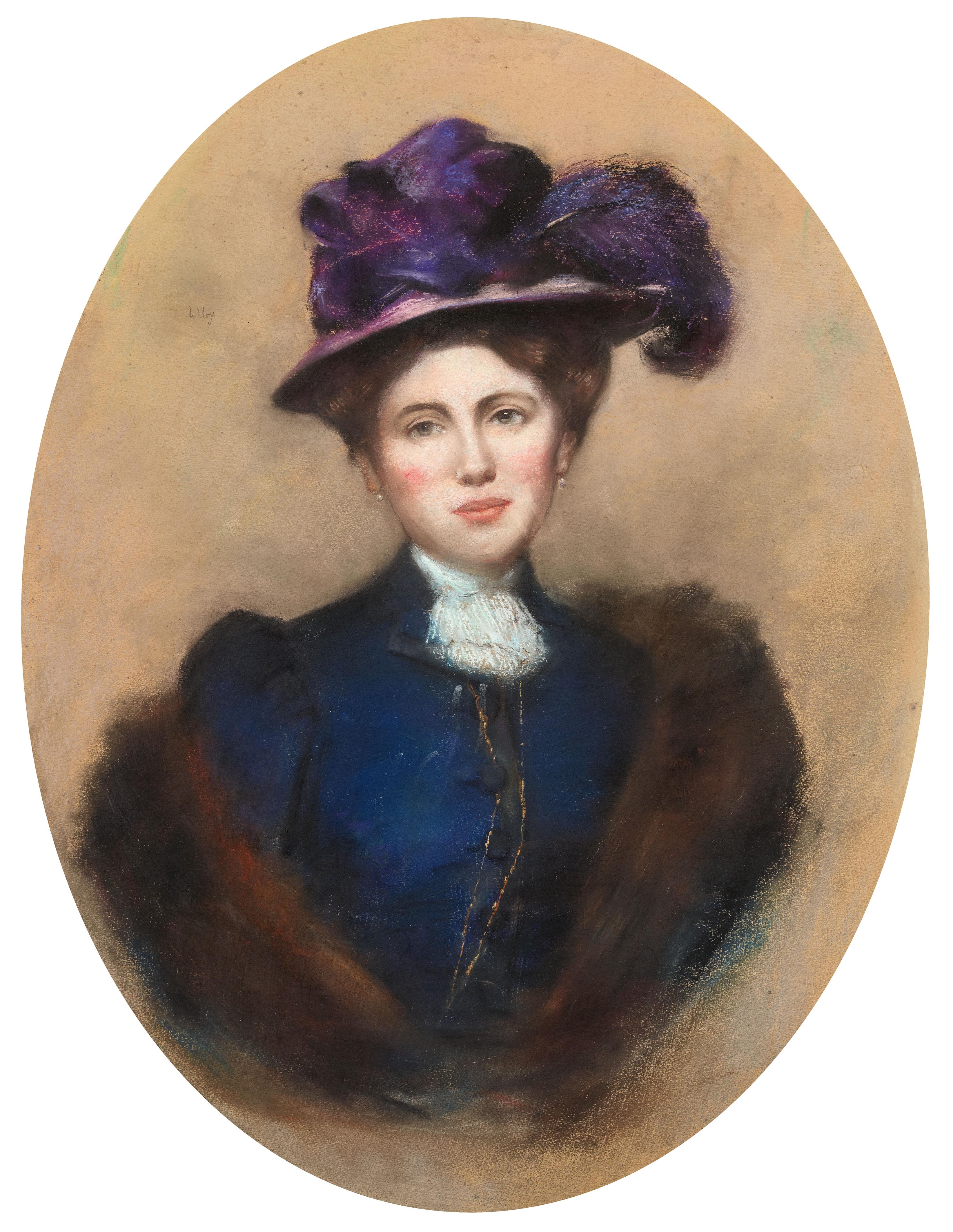 Lesser Ury - Brustbild einer Dame mit violettem Hut - image-1