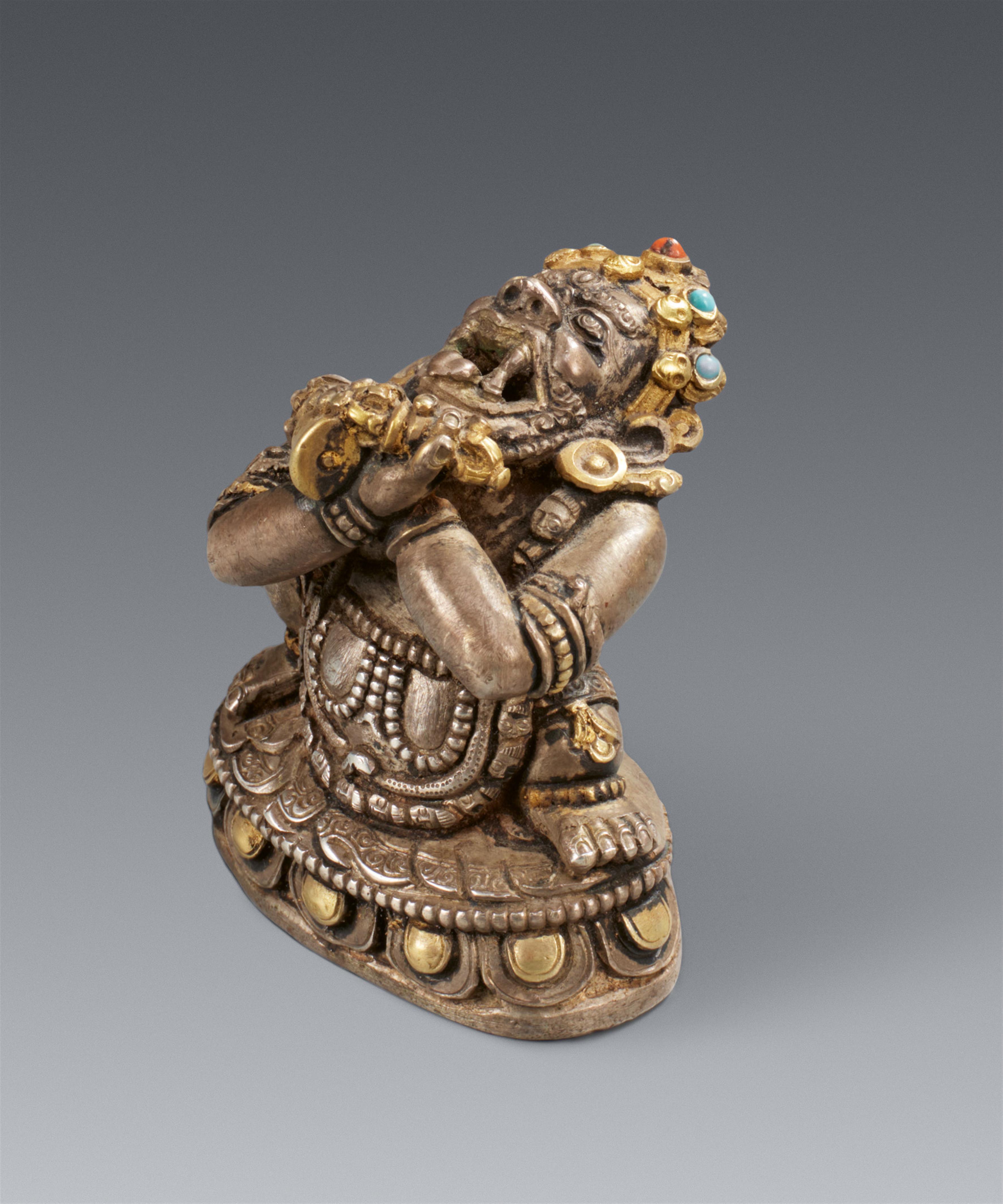 A rare Tibetan silver figurine of Vajradaka. Details gilt. 18/19th century - image-1