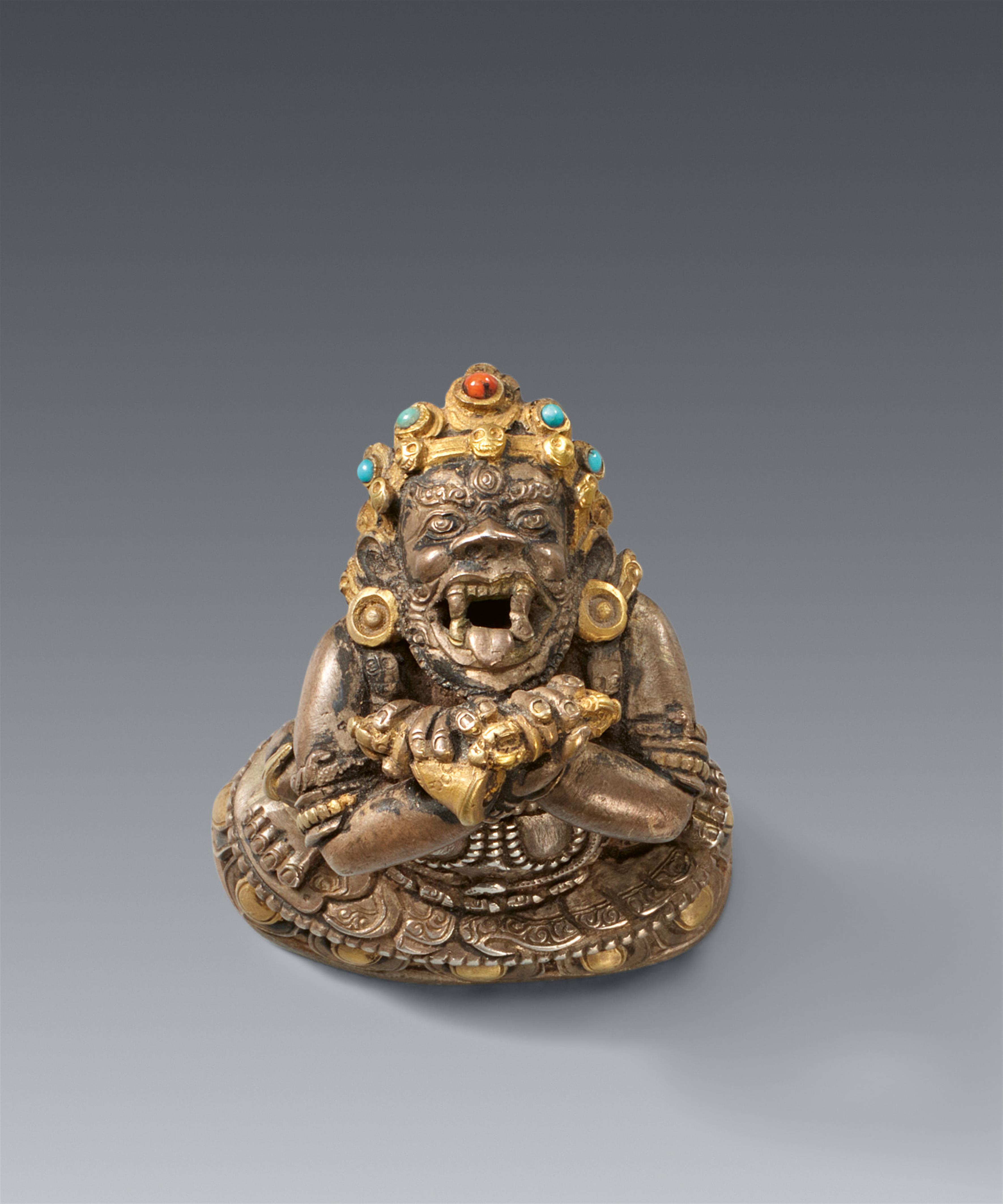 A rare Tibetan silver figurine of Vajradaka. Details gilt. 18/19th century - image-2