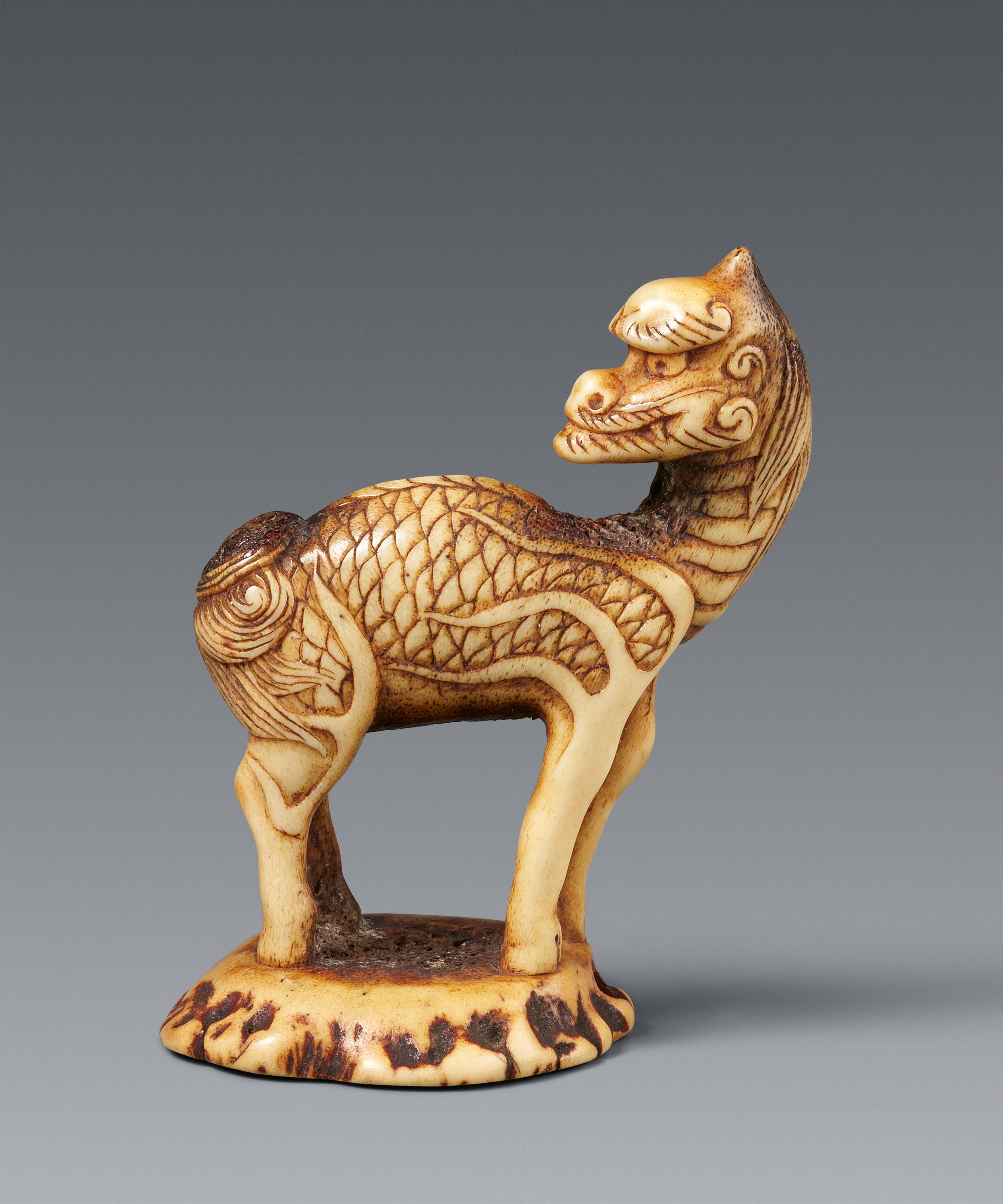 A rare stag antler seal netsuke of a kirin. 18/19th century - image-1