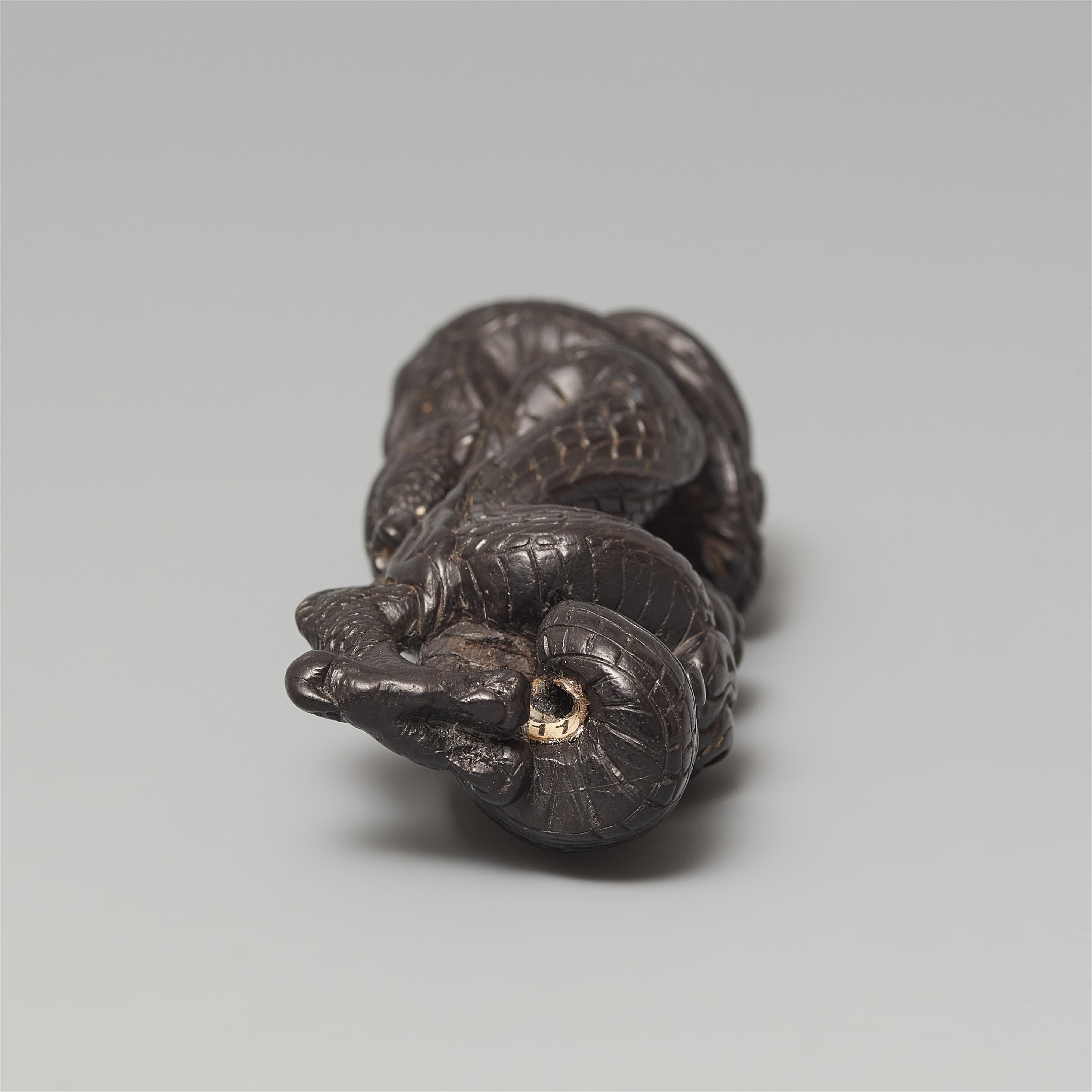 An unusual black wood netsuke of a winding dragon. 19th century - image-4