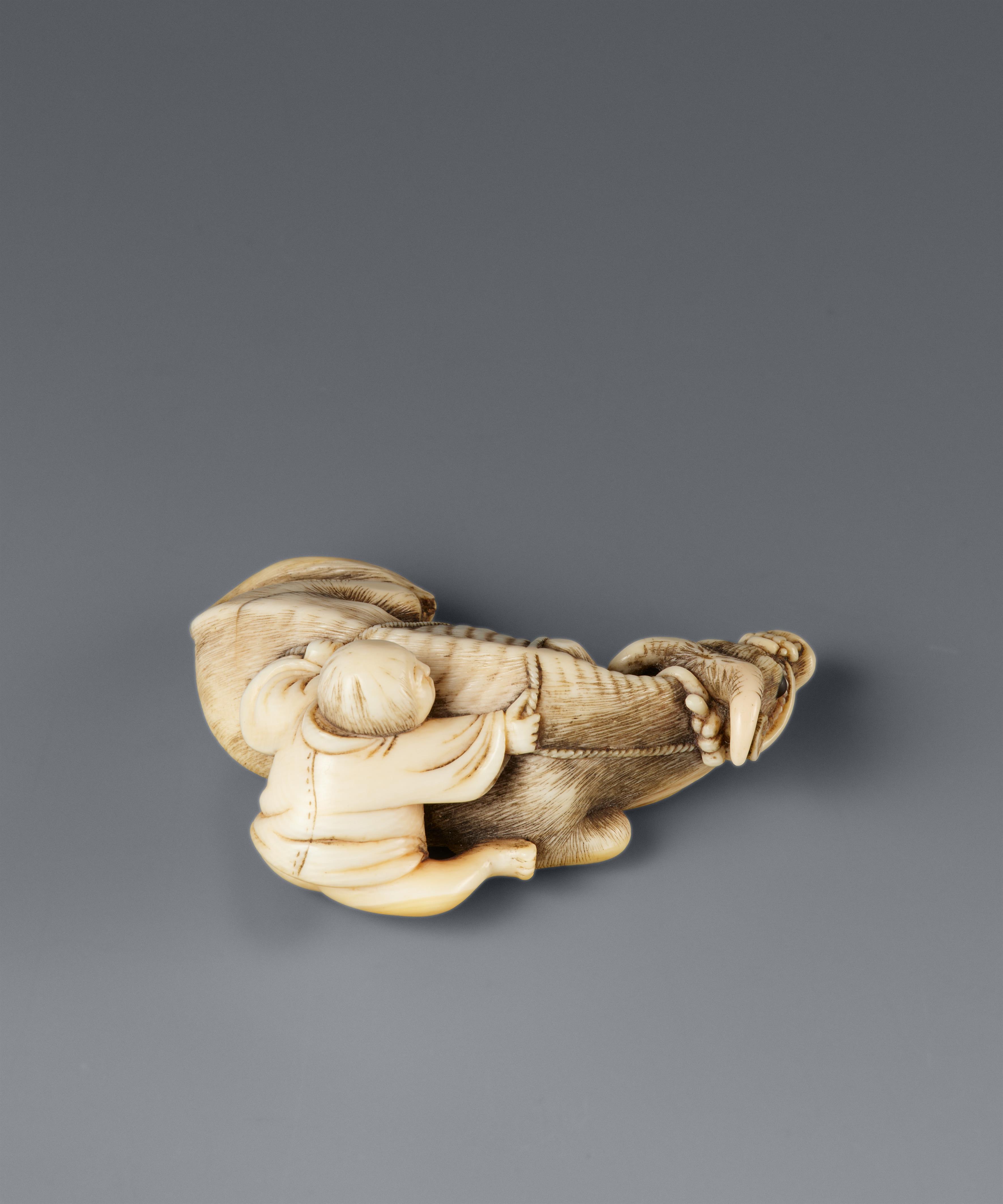 A Kyoto netsuke of a reclining ox and a herd boy. Late 18th century - image-7