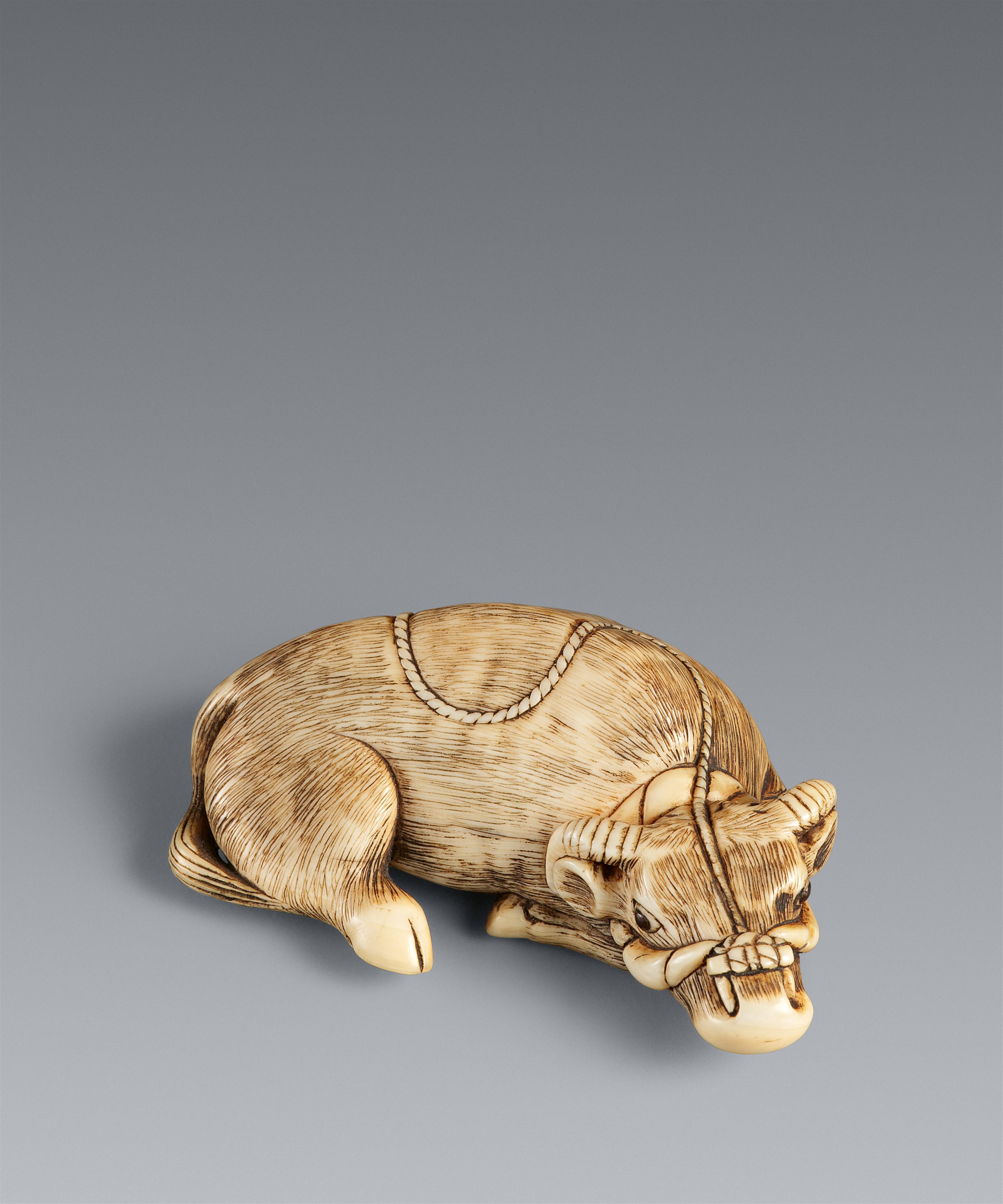 Netsuke eines liegenden Ochsens. Elfenbein. 19. Jh. - image-1