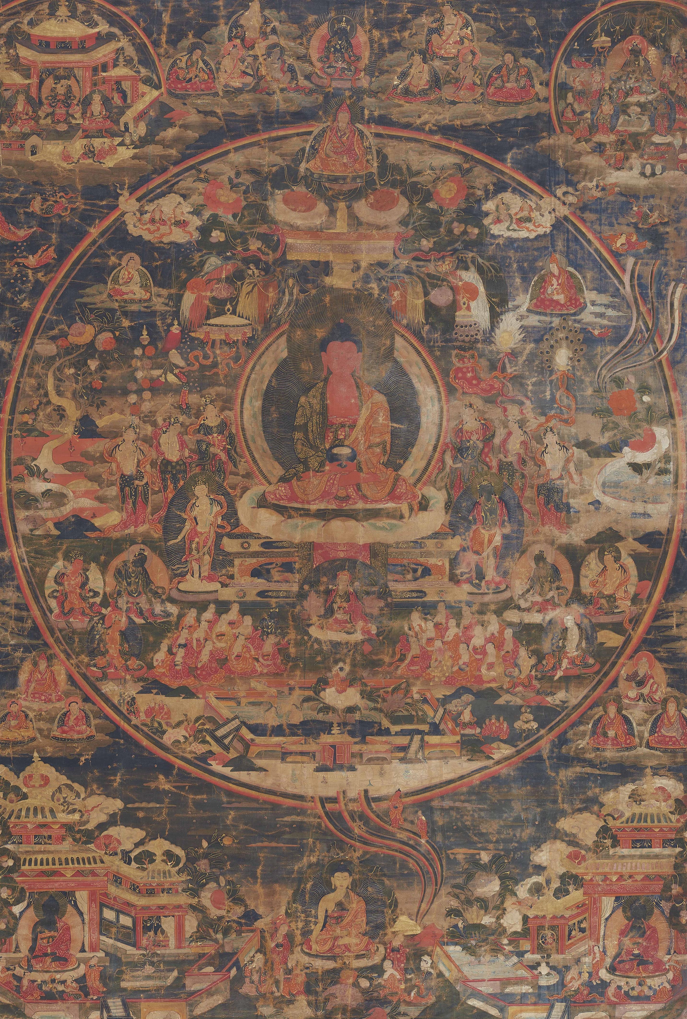 A large Thangka of Amitabha in Sukhavati Heaven. Tibet. 19th century - image-1