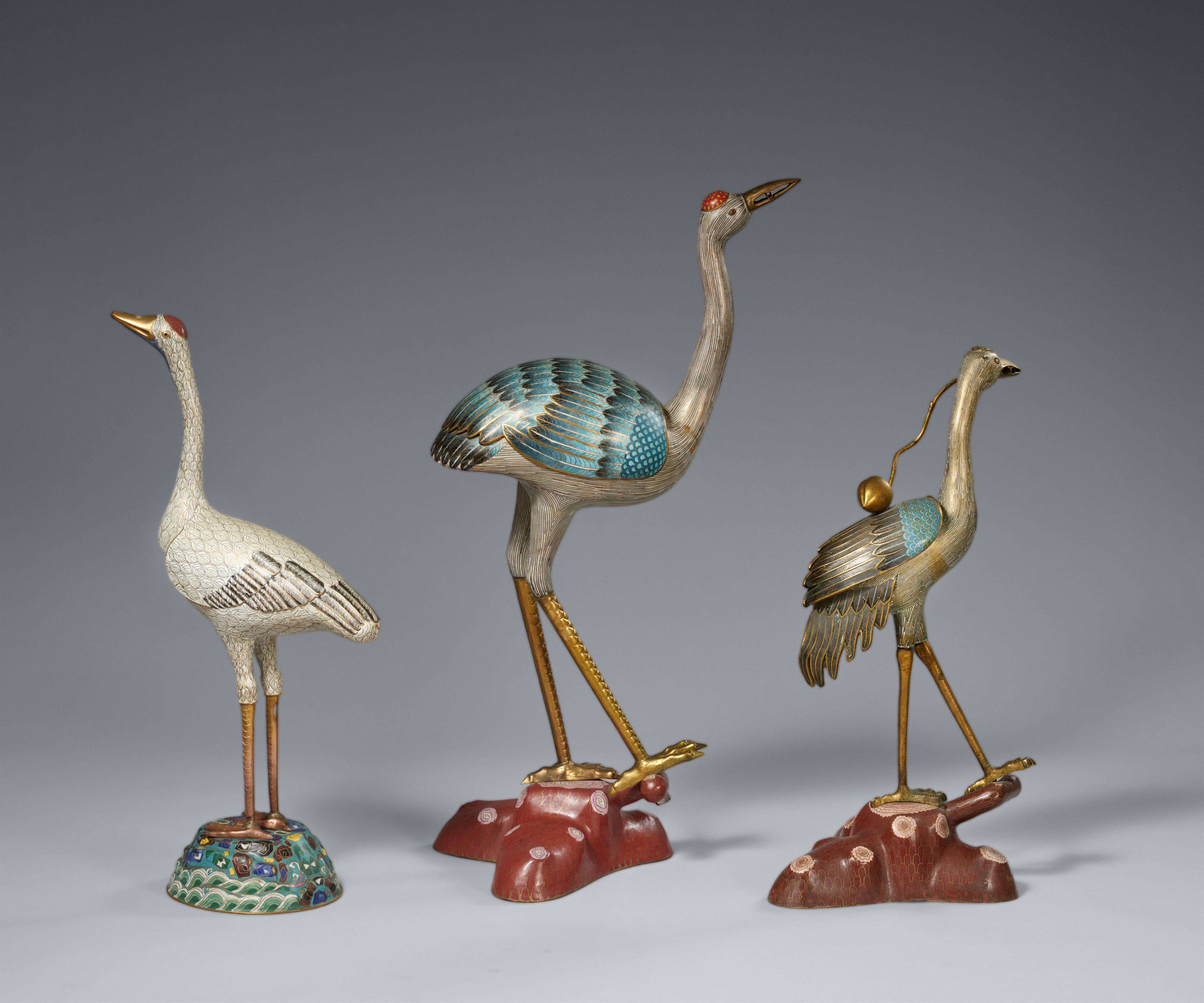 Three cloisonné and champlevé enamel cranes. 1st half of the 20th century - image-2