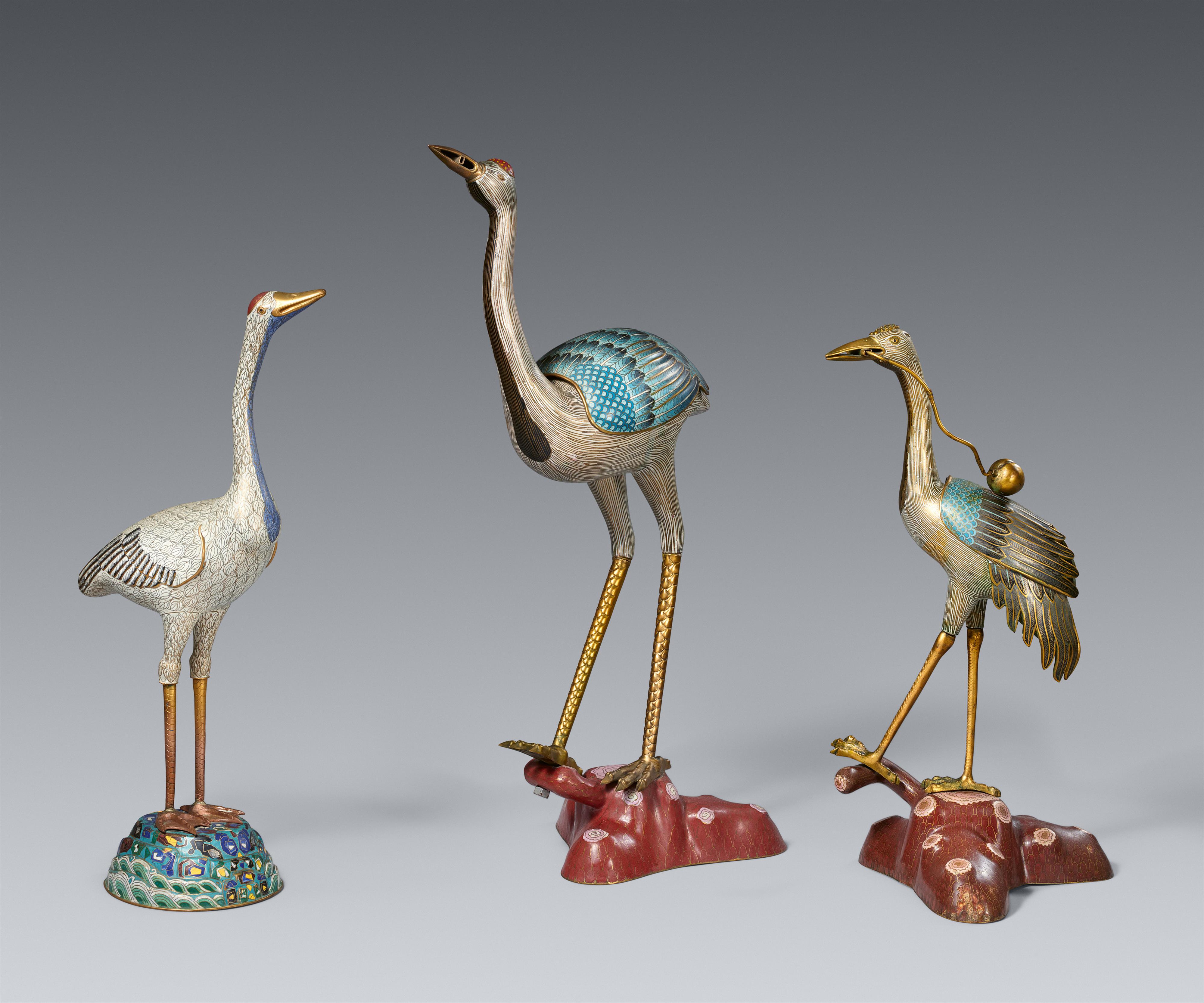 Three cloisonné and champlevé enamel cranes. 1st half of the 20th century - image-1